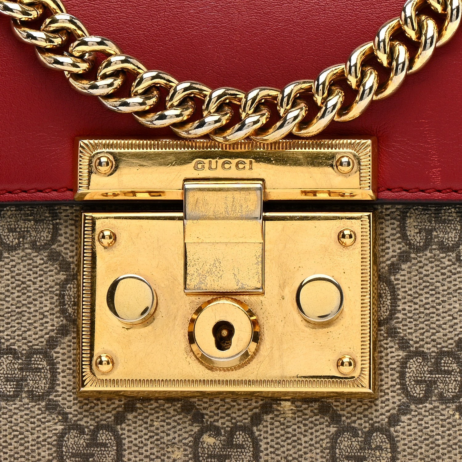 GG Supreme Monogram Calfskin Small Padlock Shoulder Bag Beige Hibiscus Red New Rosette