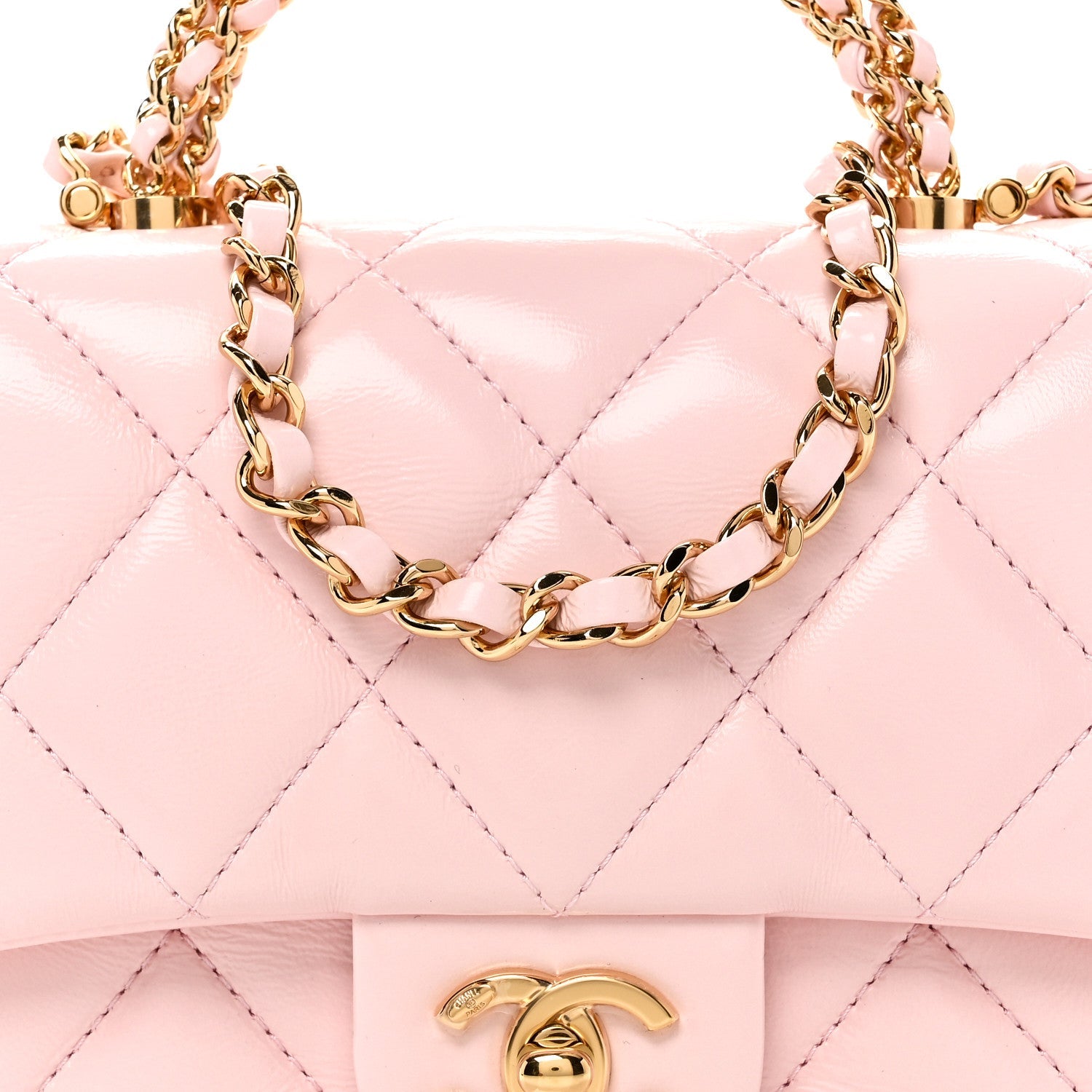 Shiny Lambskin Quilted Mini Twisted Links Top Handle Flap Light Pink