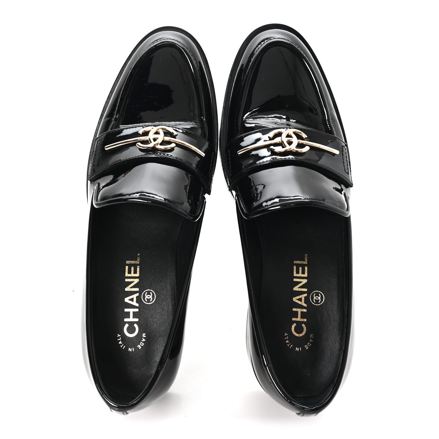 Patent Calfskin Metal CC Mocassin Loafers 38.5 Black