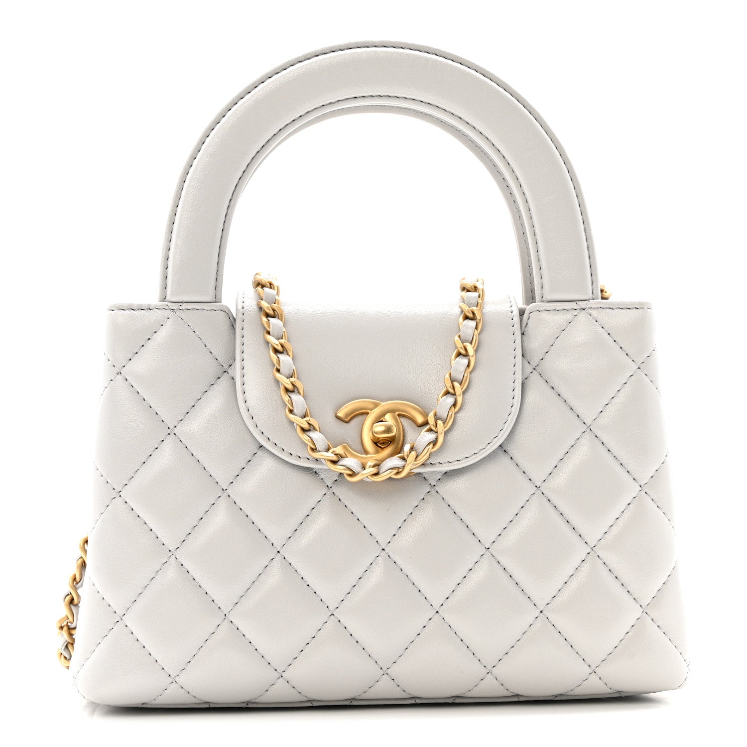 Shiny Aged Calfskin Quilted Nano Kelly Shopper Light Grey
