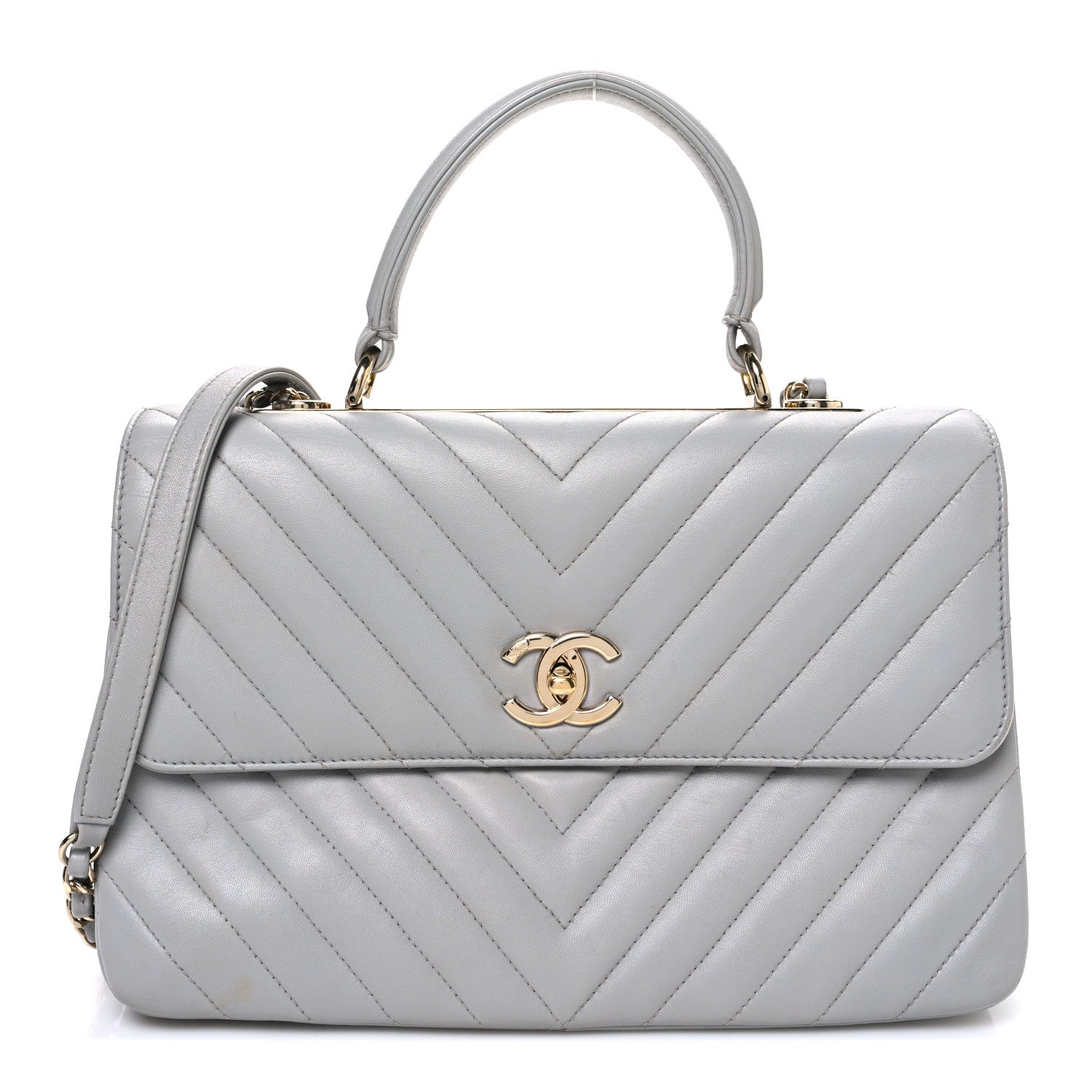 Lambskin Chevron Quilted Medium Trendy CC Dual Handle Flap Bag Grey