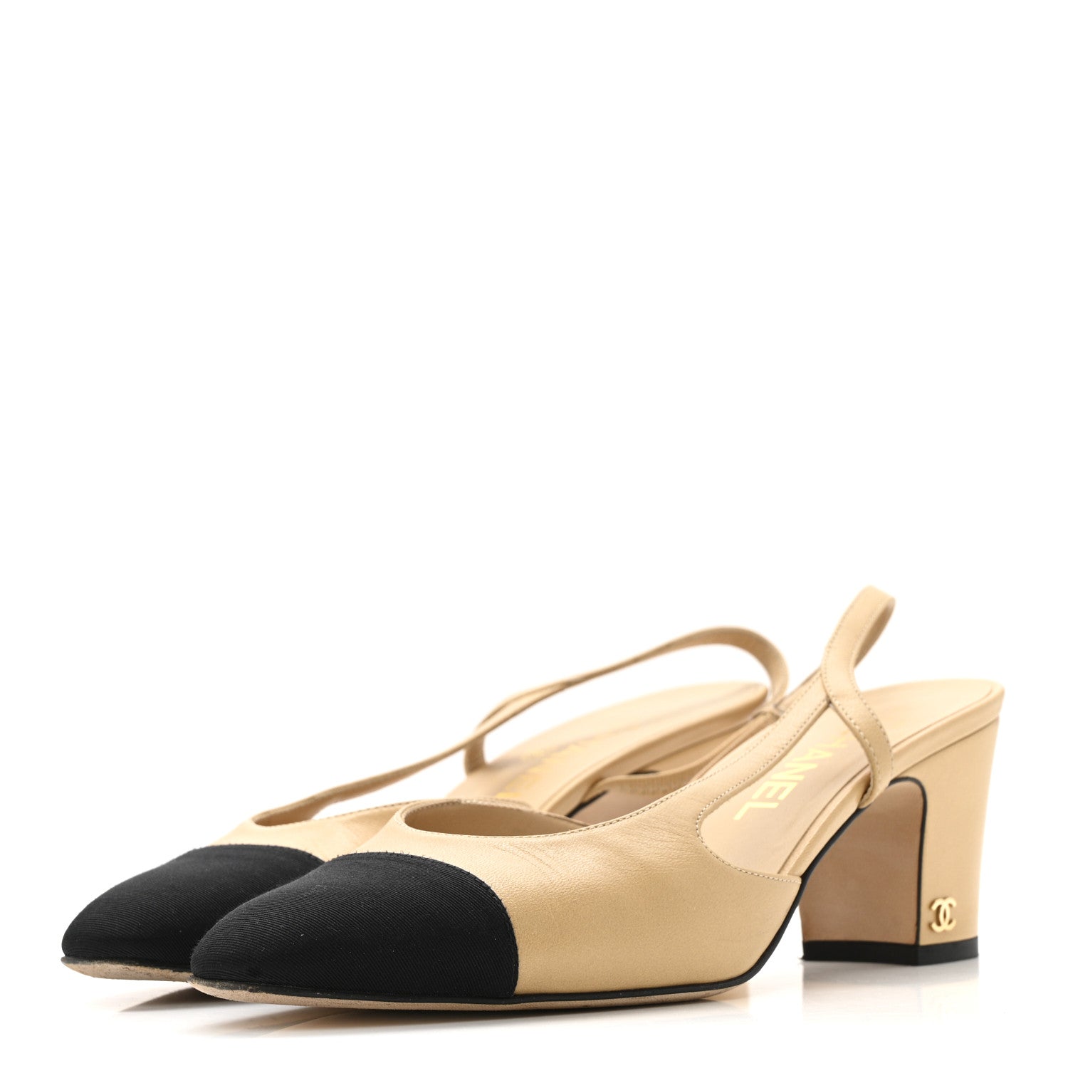 Goatskin Grosgrain Cap Toe CC Slingback Pumps 38.5 Beige Black