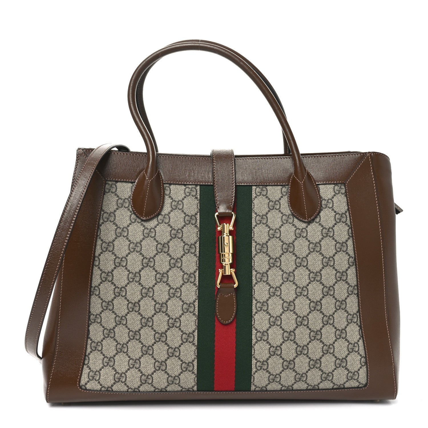 GG Supreme Monogram Azalea Calfskin Web Large Jackie 1961 Tote Beige Ebony Brown Sugar