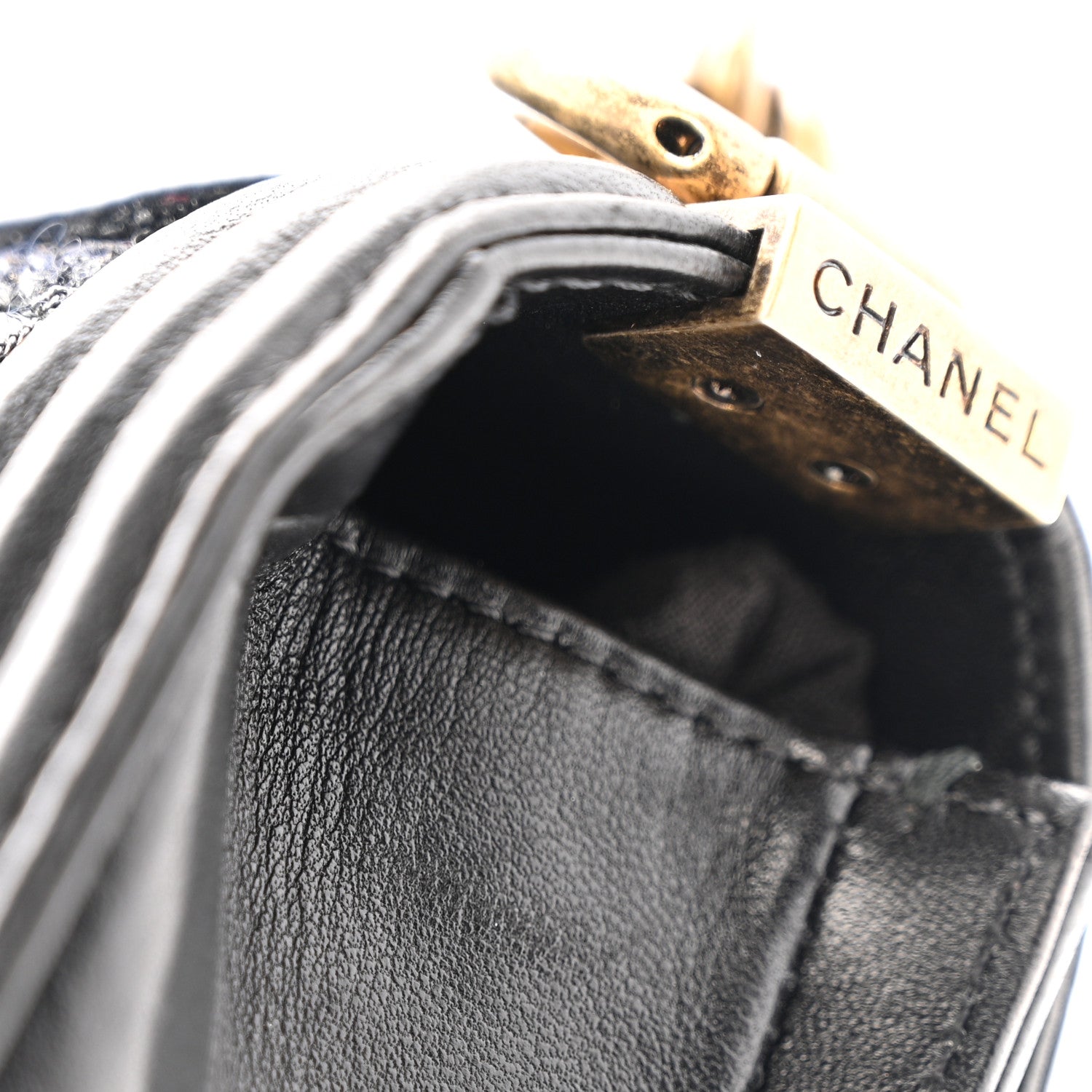 Lambskin Metallic Tweed Embroidered Mini Boy Flap Black Gold Multicolor