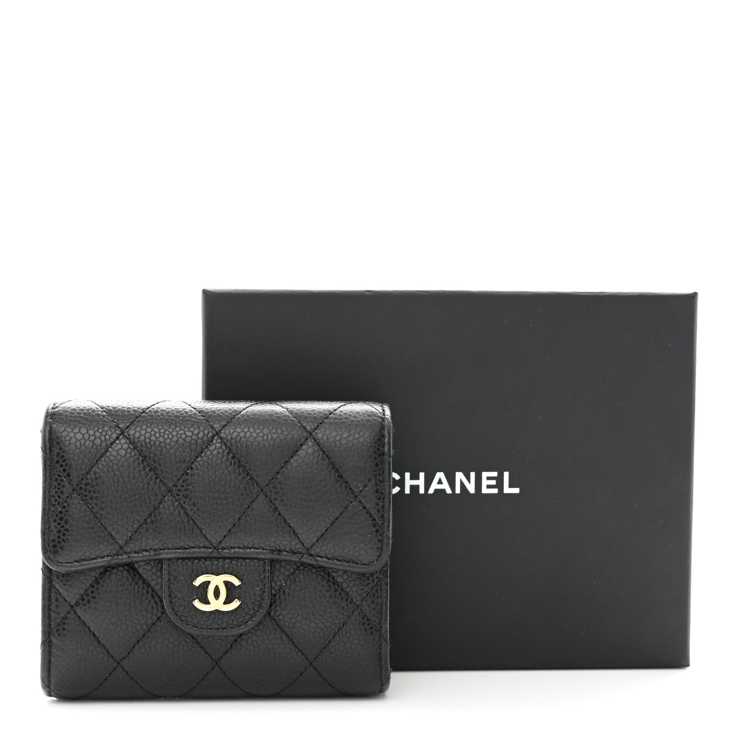 Caviar Quilted Compact Flap Wallet Black