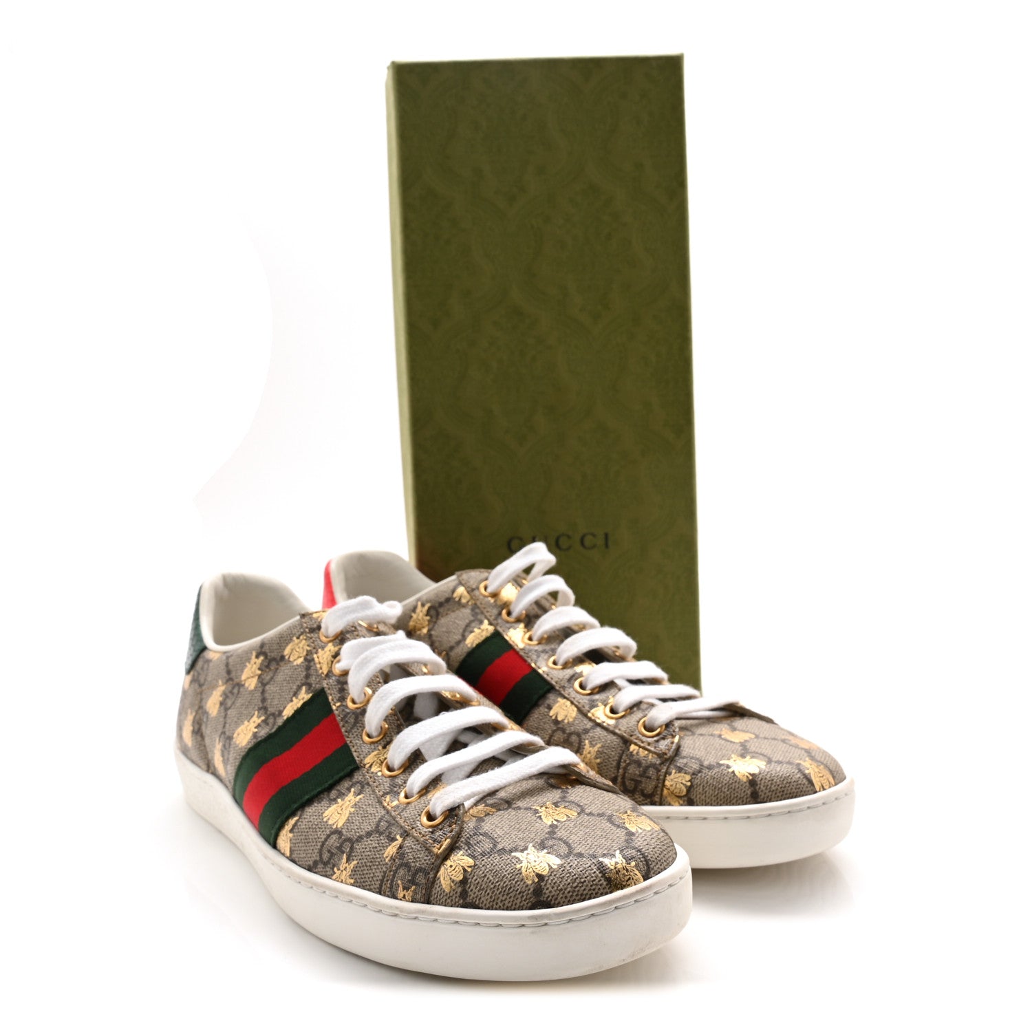 GG Supreme Monogram Bees Ayers Web Womens Ace Sneakers 38.5 Beige Oro Green Red