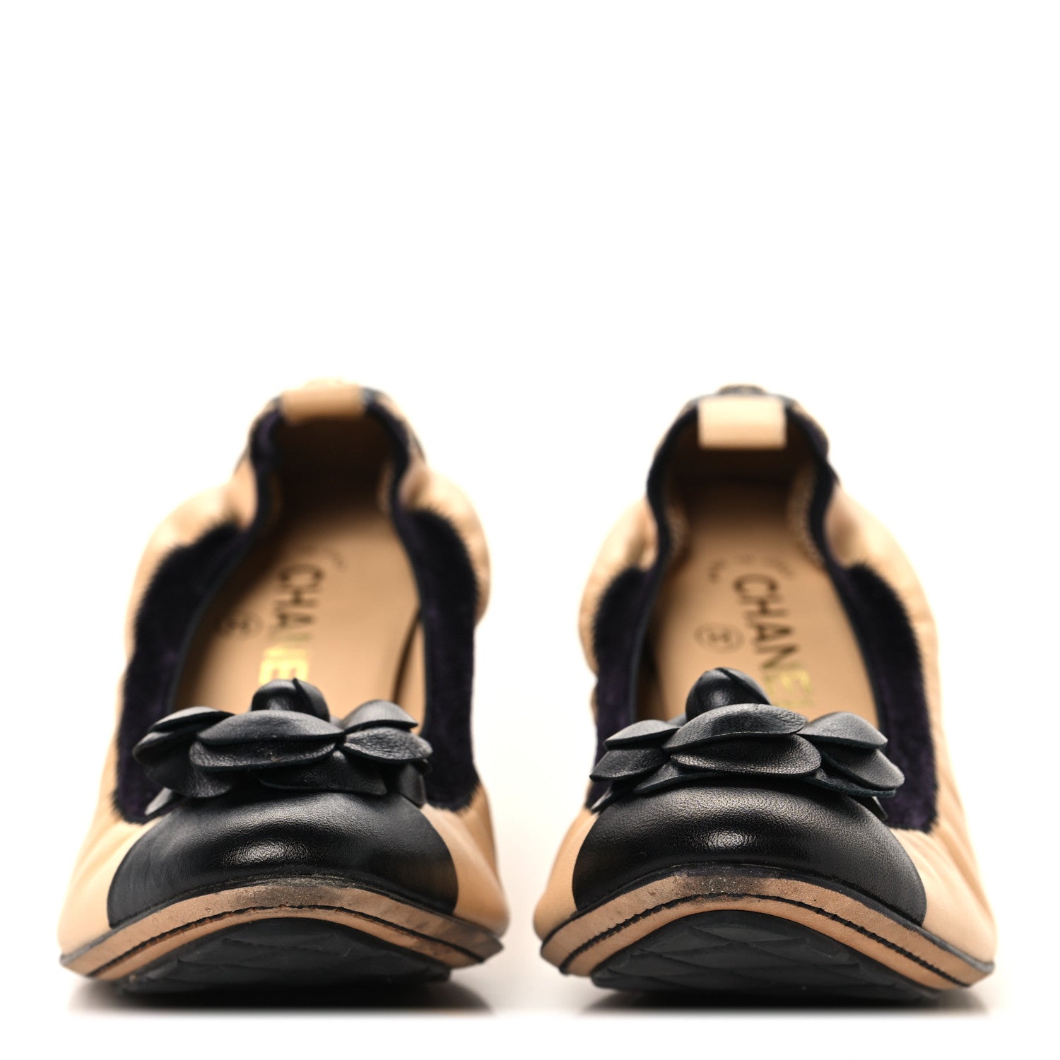 Lambskin Camellia CC Elastic Stretch Pumps 40 Beige Black
