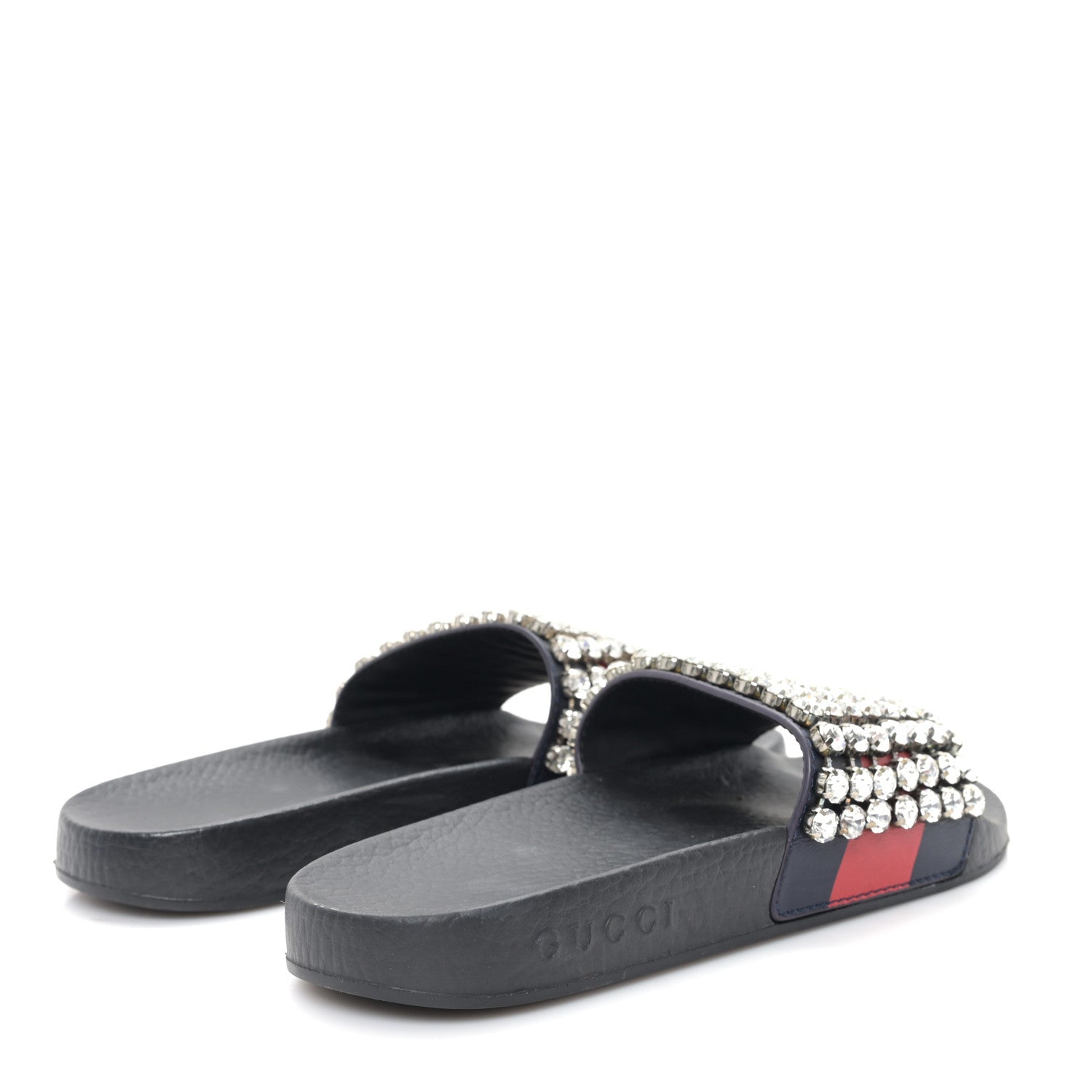 Calfskin Crystal Embellished Web Slide Sandals 36 Blue Red