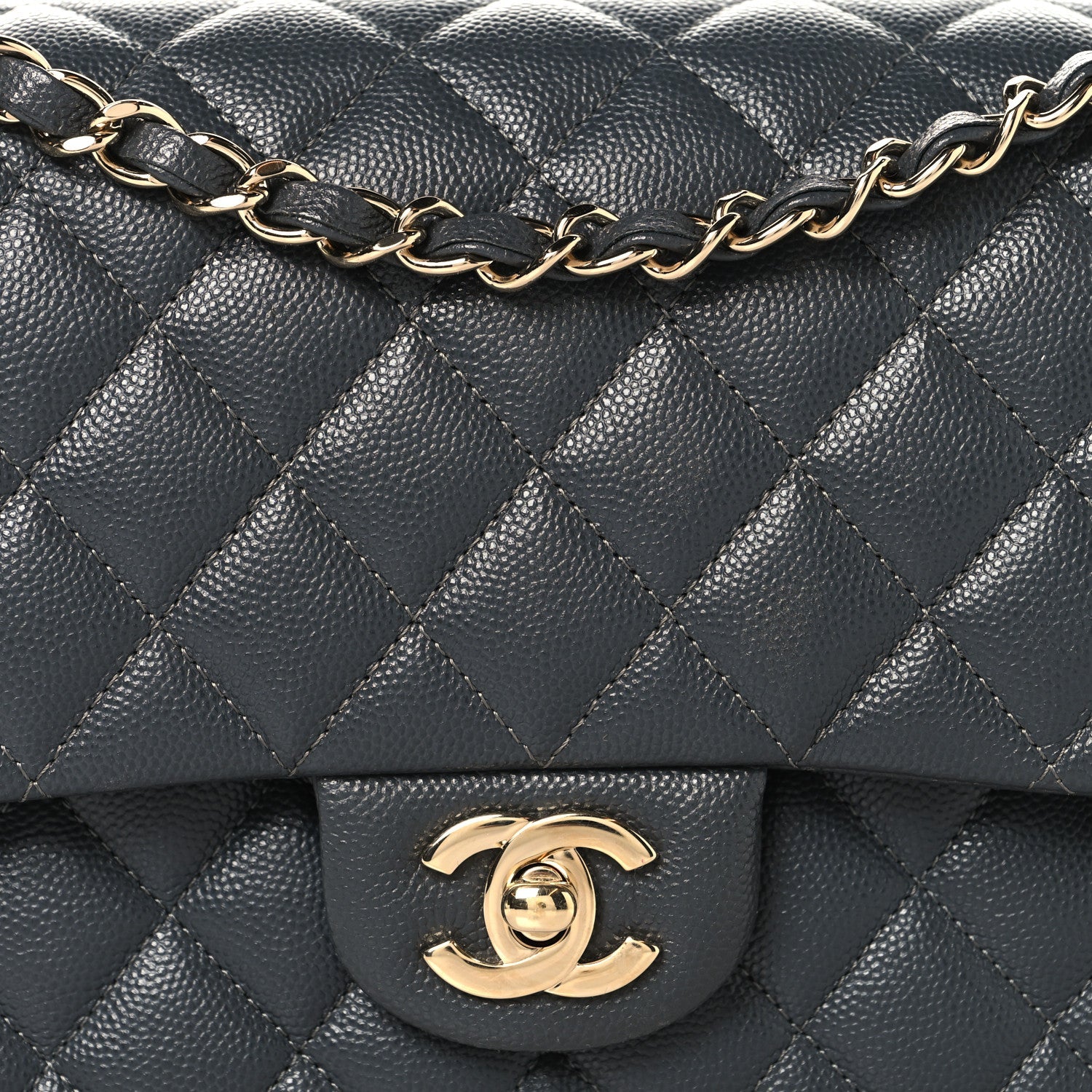 Caviar Quilted Medium Double Flap Dark Grey