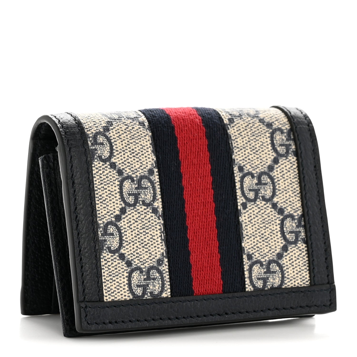 GG Supreme Monogram Textured Dollar Calfskin Web Ophidia Card Case Beige Blue