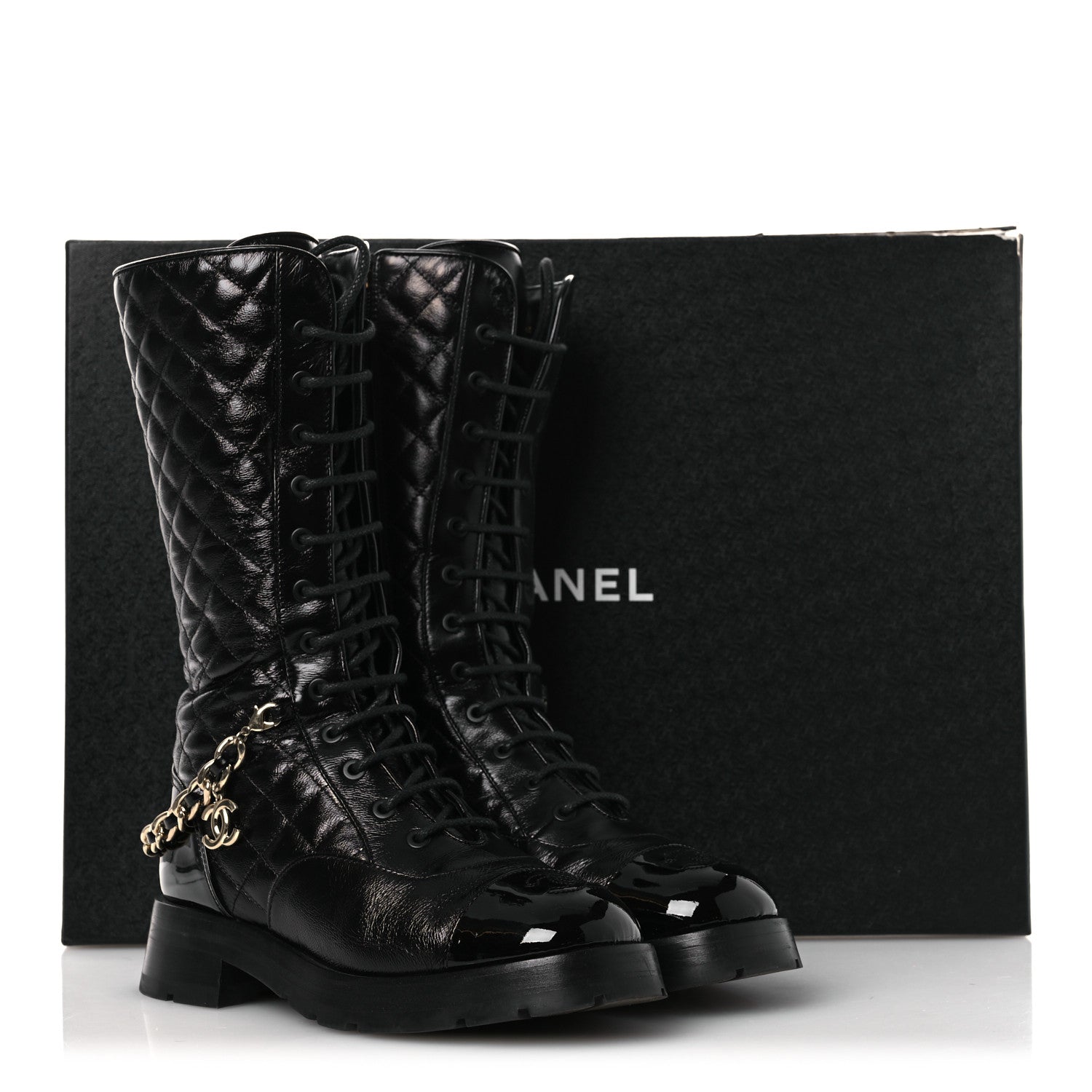 Shiny Calfskin Patent Quilted Chain Lace Up Combat Long Boots 37 Black