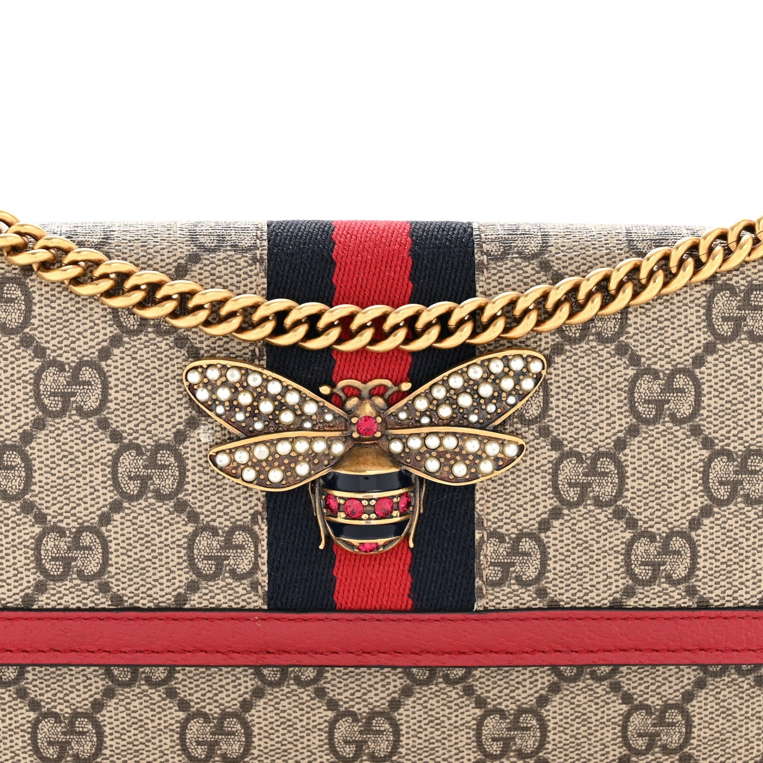 GG Supreme Monogram Web Queen Margaret Chain Wallet Red