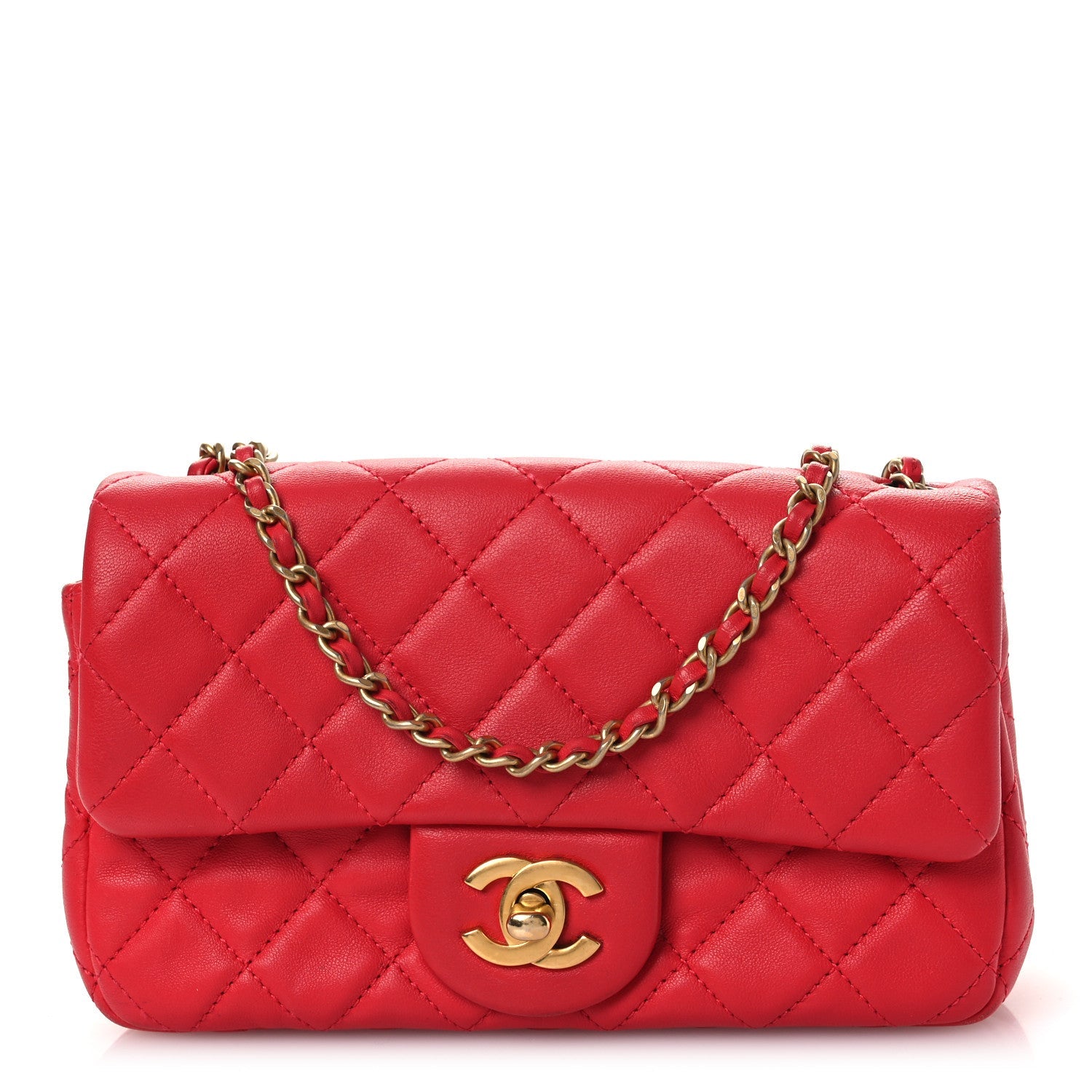 Lambskin Quilted Mini Rectangular Pearl Crush Flap Red