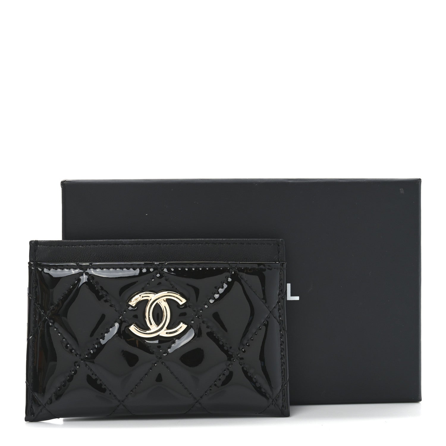 Patent Calfskin Quilted Card Holder Black