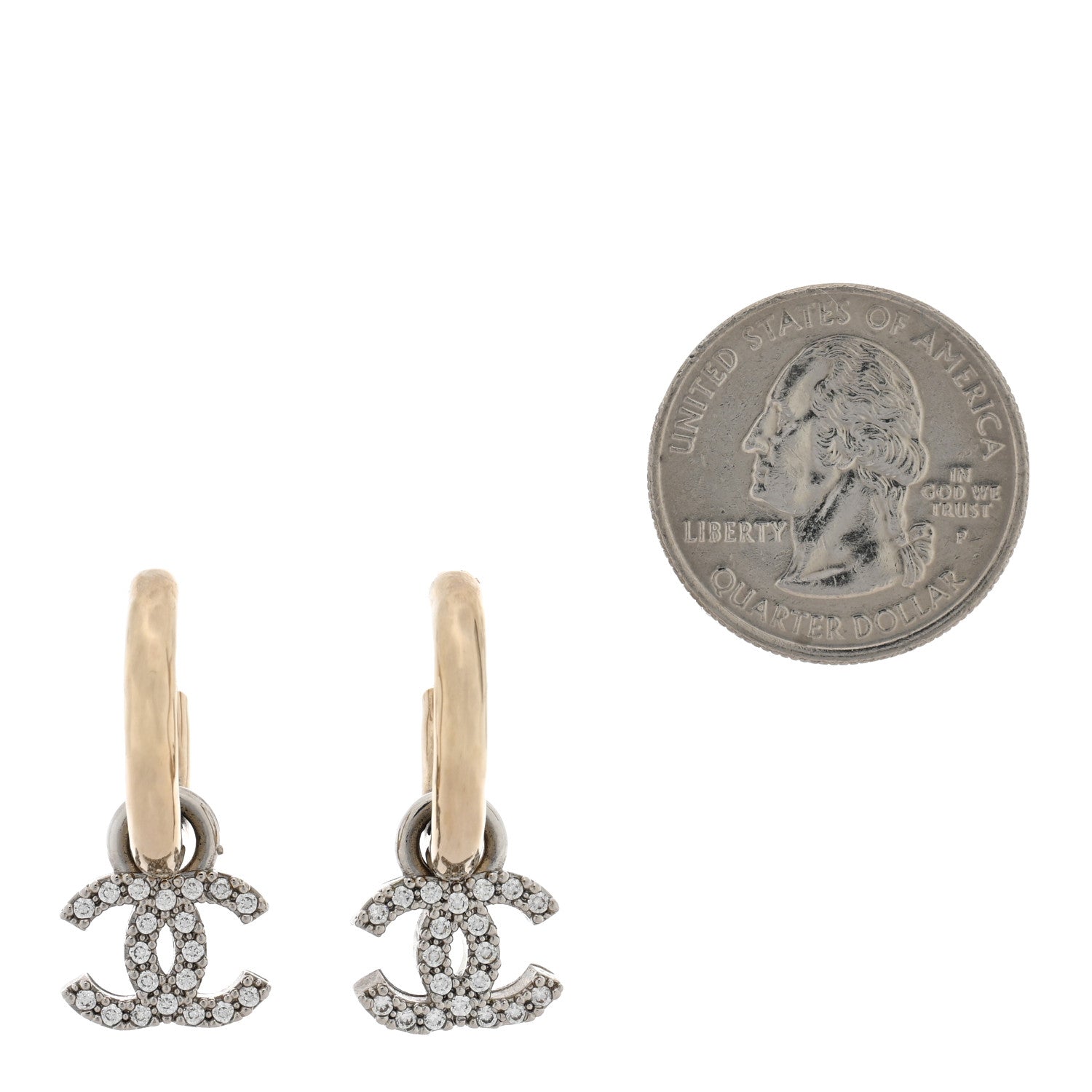 Metal Crystal Studded CC Hoop Drop Earrings Gold