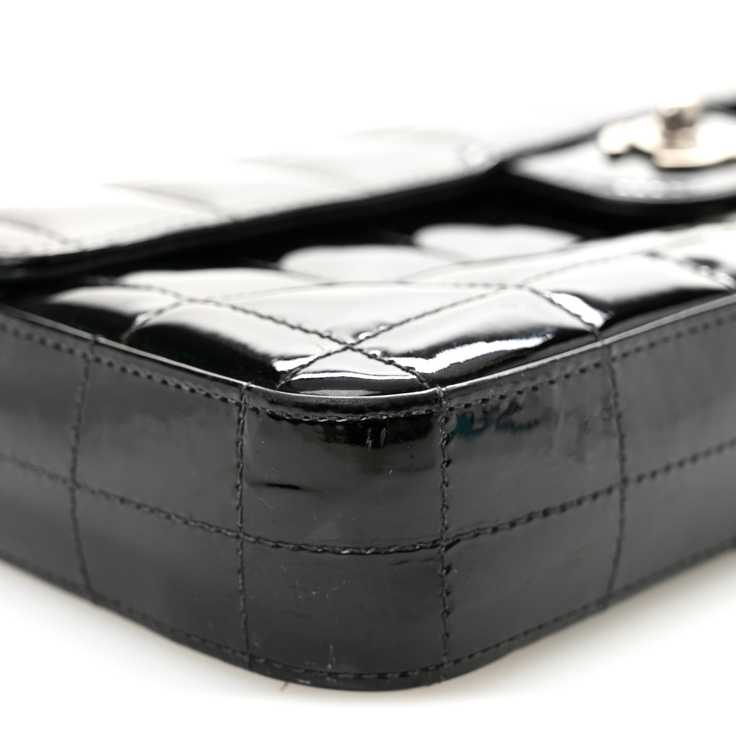 Patent Quilted East West Chocolate Bar Flap Black