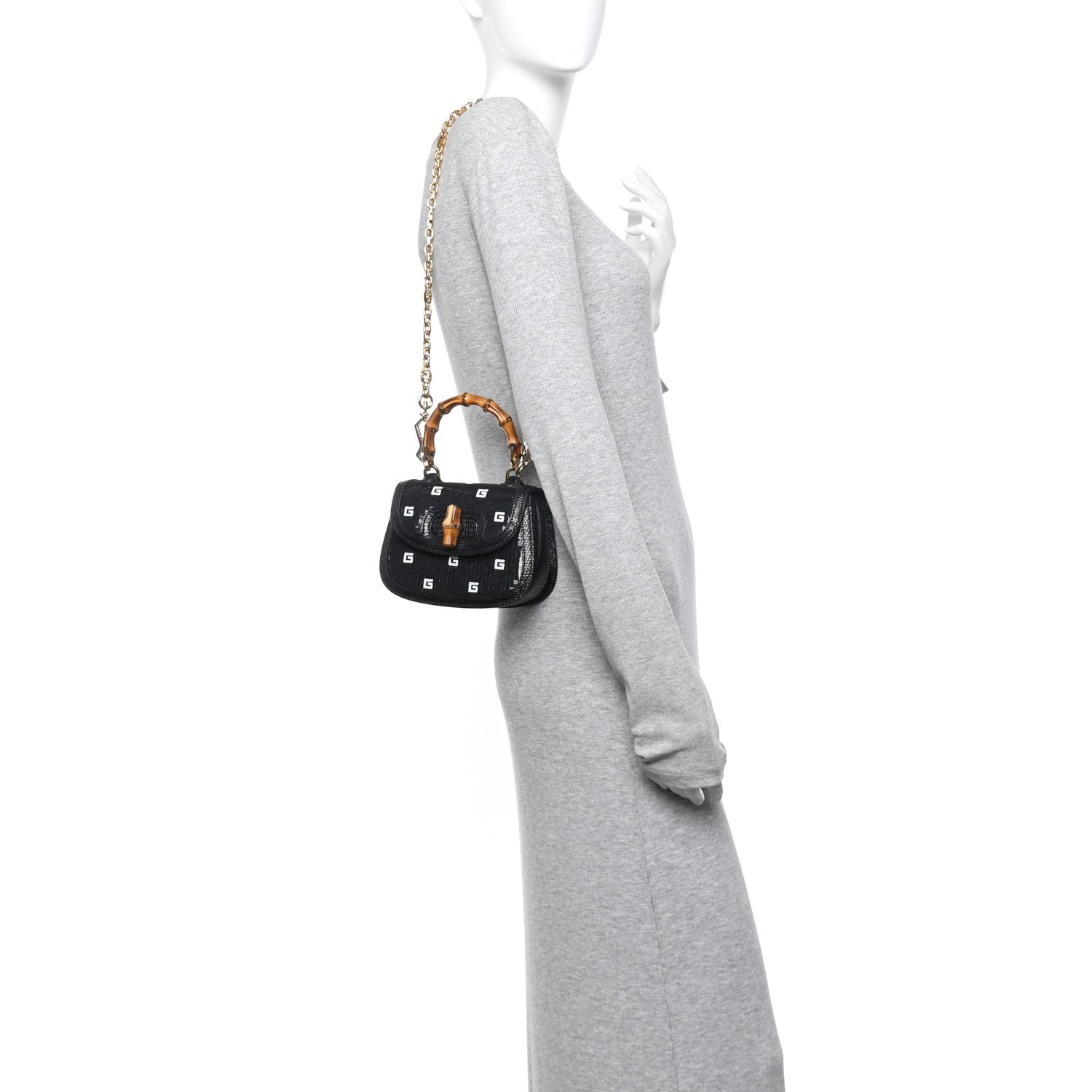 Sequin Lizard Embossed GG Mini Bamboo 1947 Top Handle Chain Bag Black White