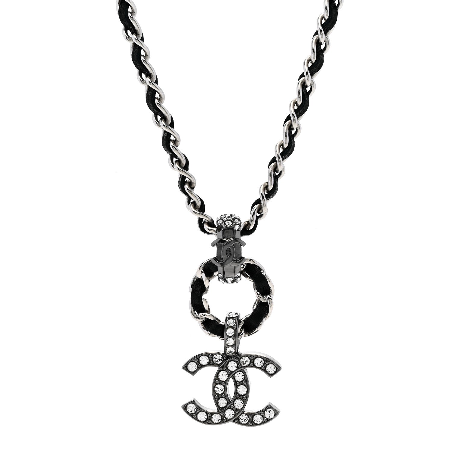 Lambskin Crystal Chain Choker Necklace Silver Black