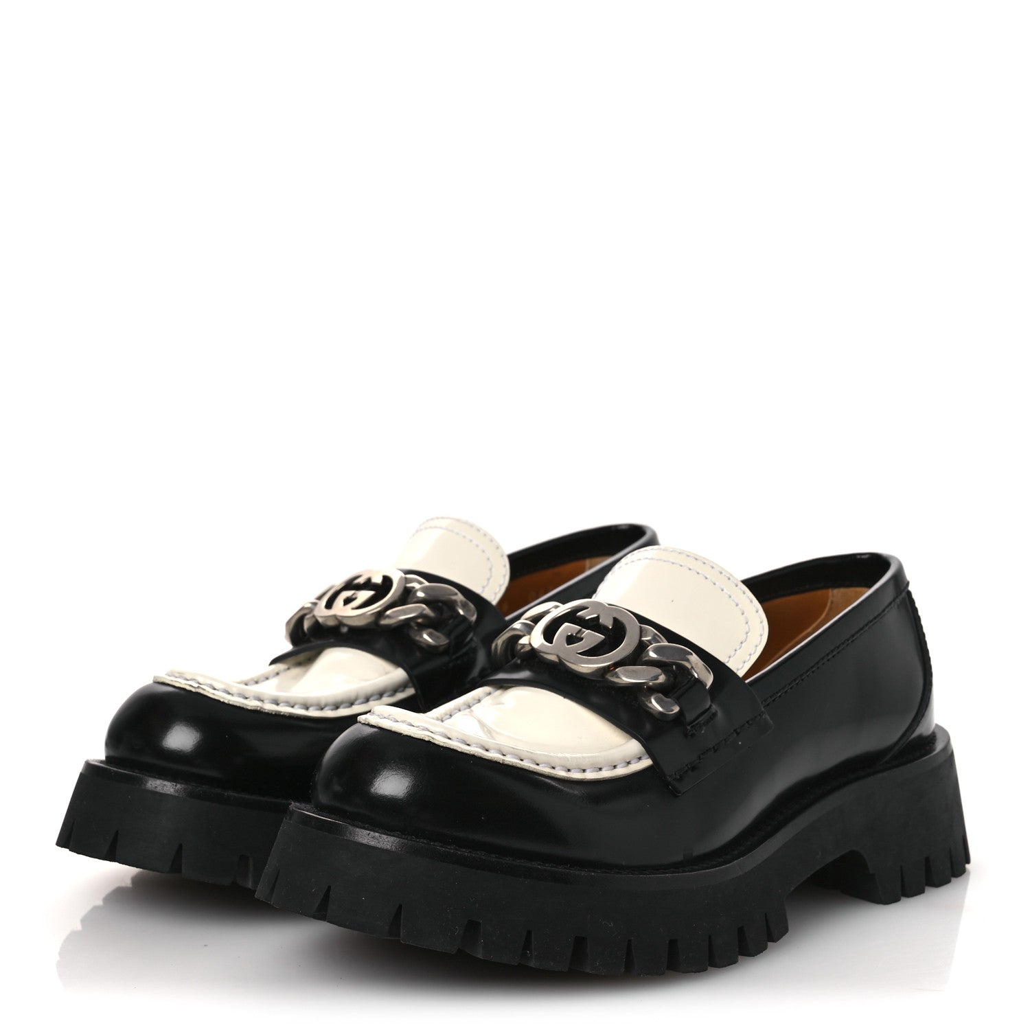 Cordovan Lux Womens Interlocking G Platform Lug Sole Loafers 36 Black Off White