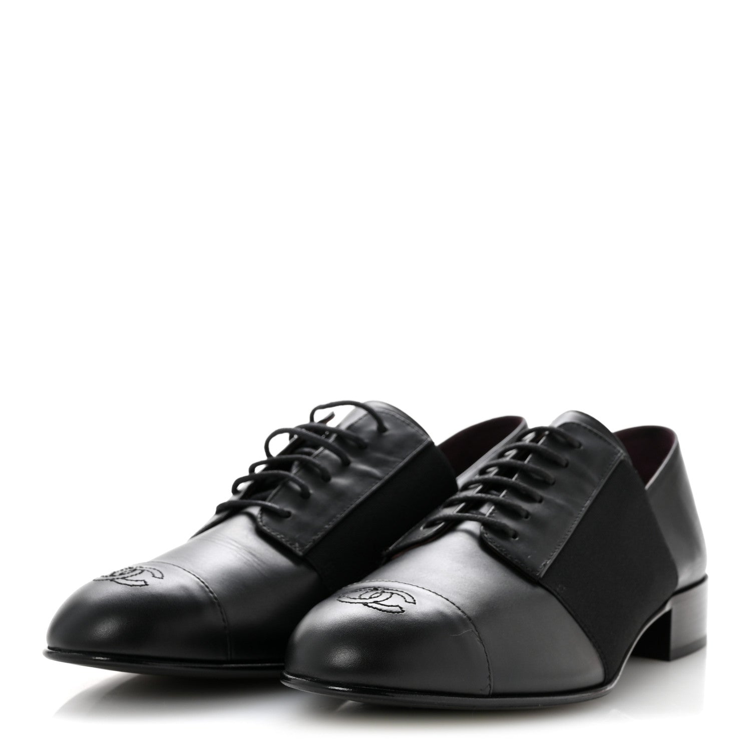 Calfskin Elastic Lace Up Cap Toe CC Loafers 40 Black