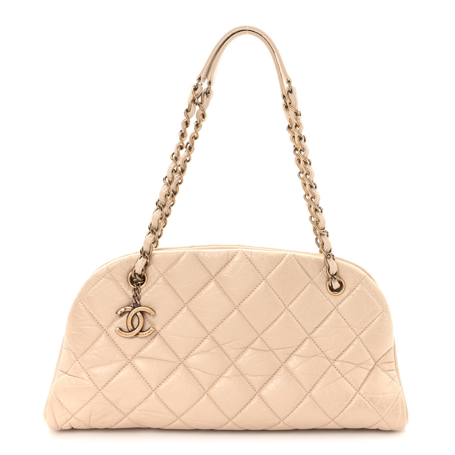 Aged Calfskin Quilted Medium Just Mademoiselle Bowling Bag Beige
