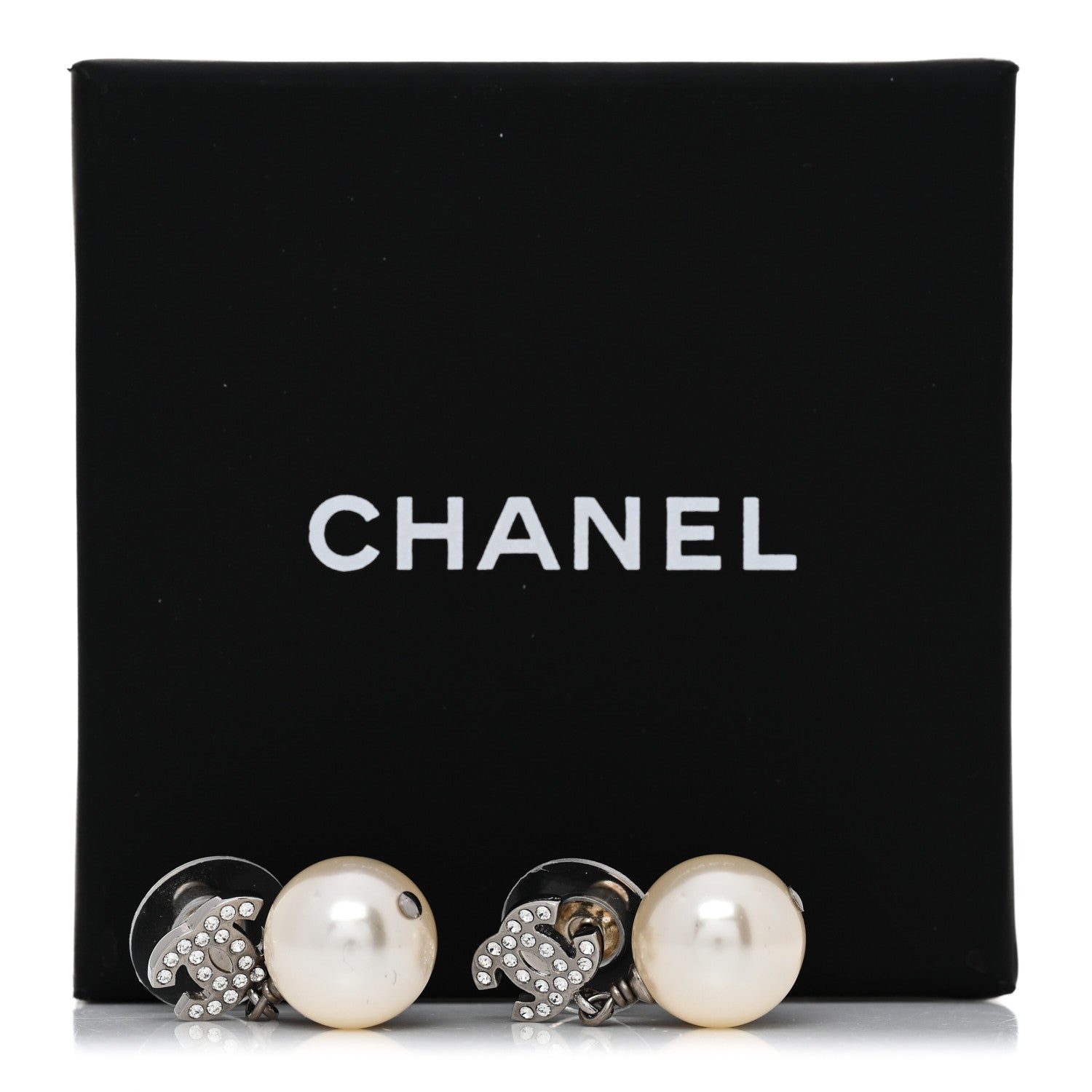 Crystal Pearl CC Drop Earrings Silver Pearly White