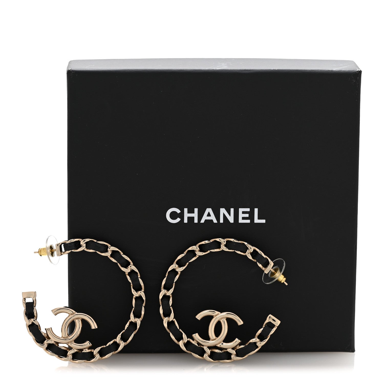 Metal Lambskin Quilted CC Chain Hoop Earrings Gold Black