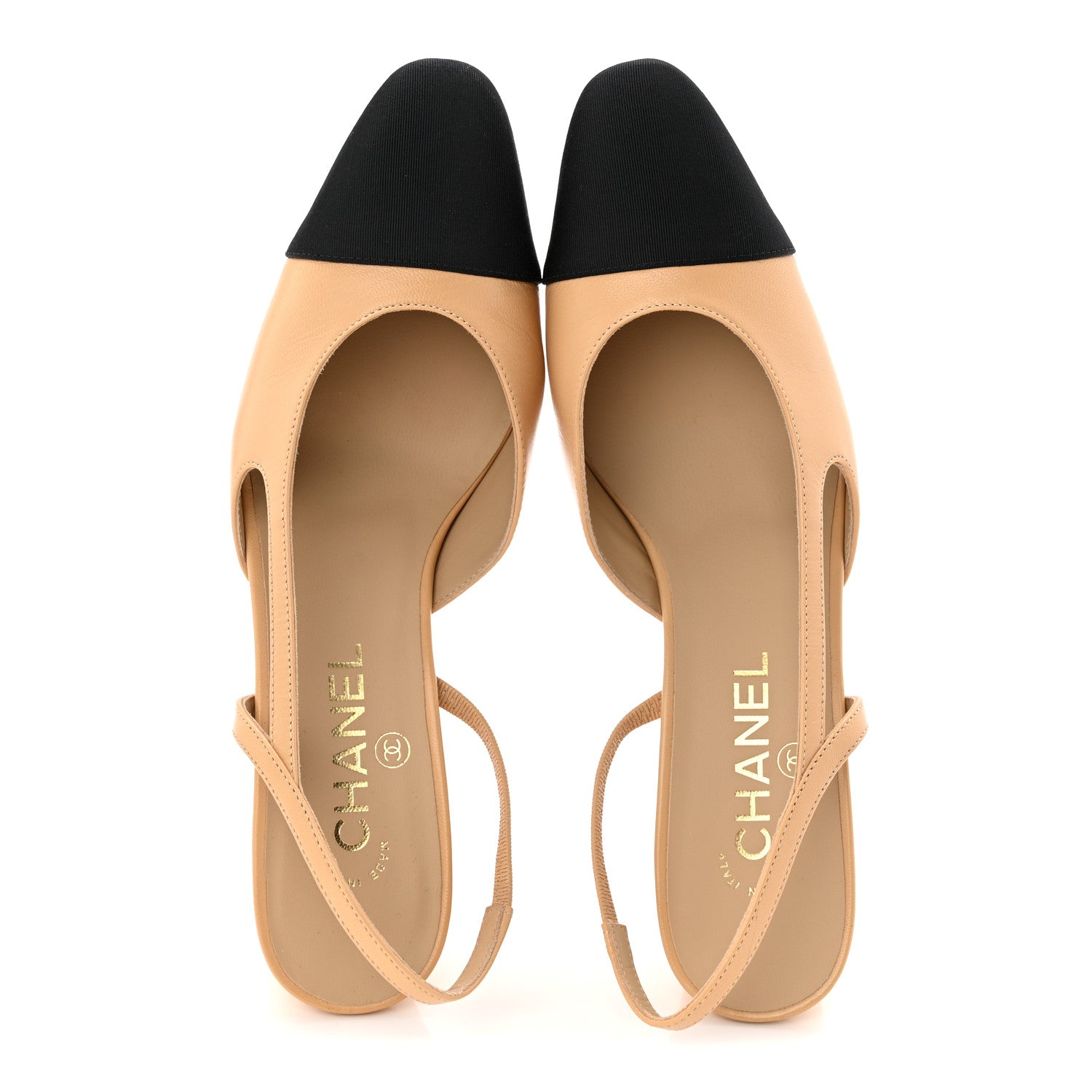 Goatskin Grosgrain Cap Toe CC Slingback Pumps 39 Beige Black