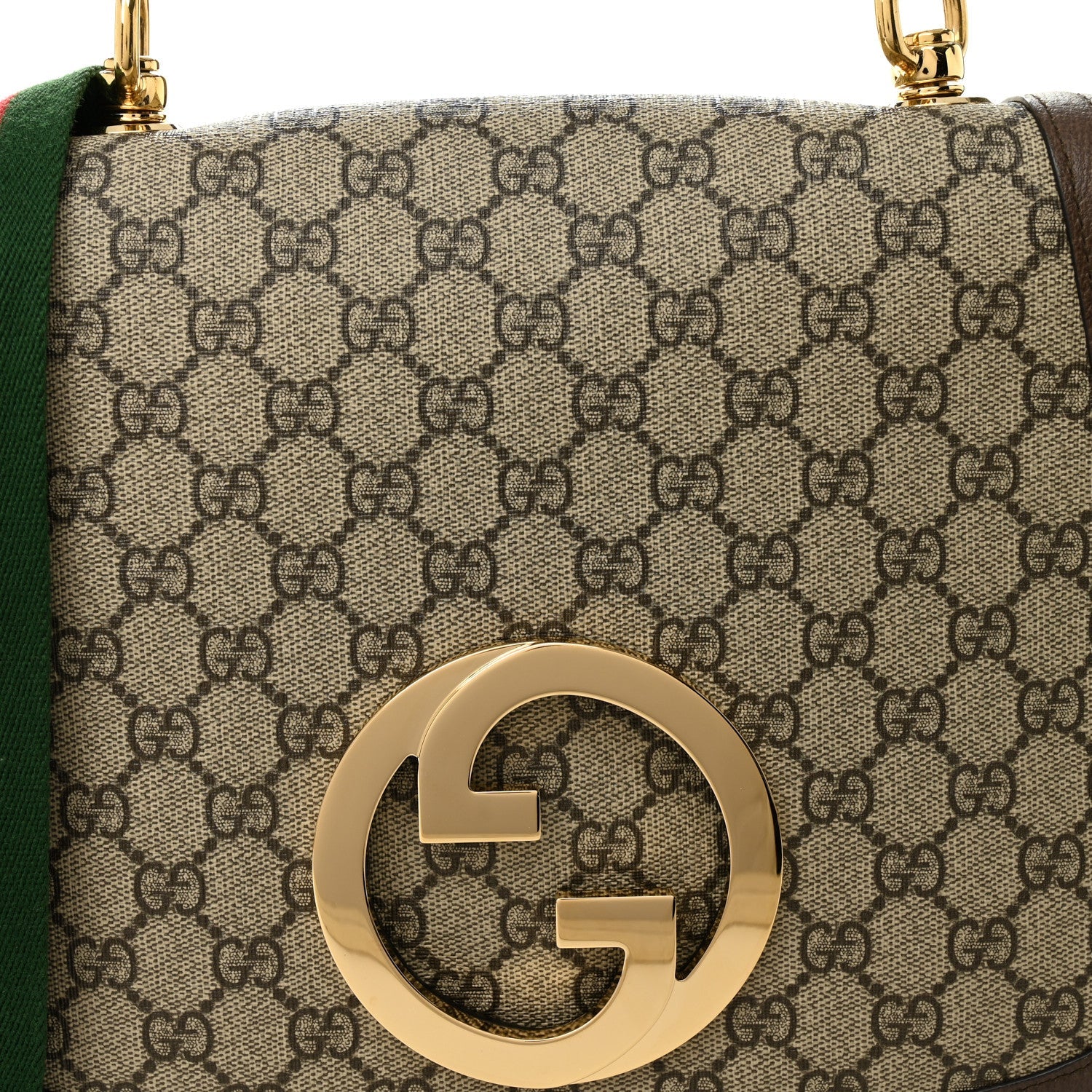 GG Supreme Monogram Textured Dollar Calfskin Web Medium Blondie Top Handle Shoulder Flap Bag Beige Ebony New Acero