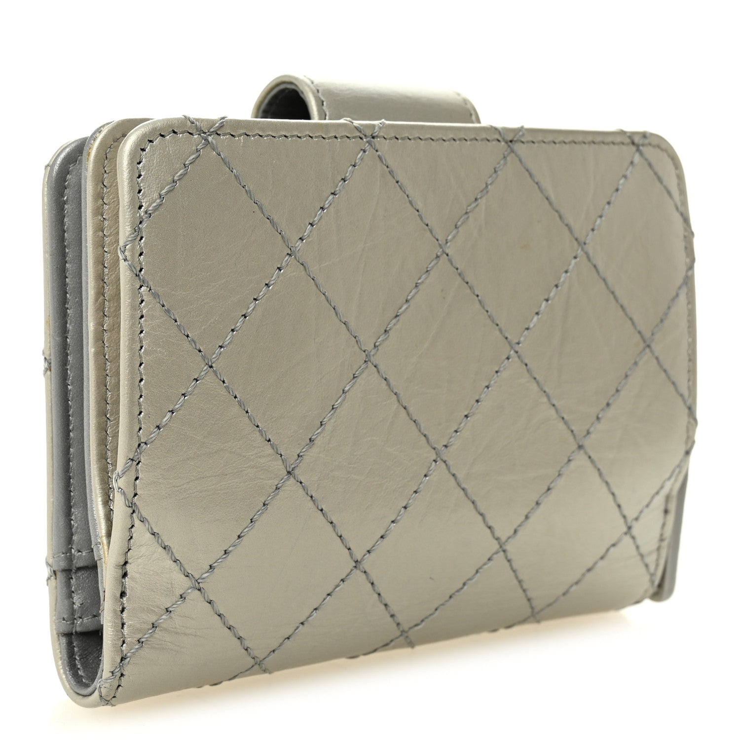 Metallic Aged Calfskin Stitched Reissue Compact Wallet  Silver