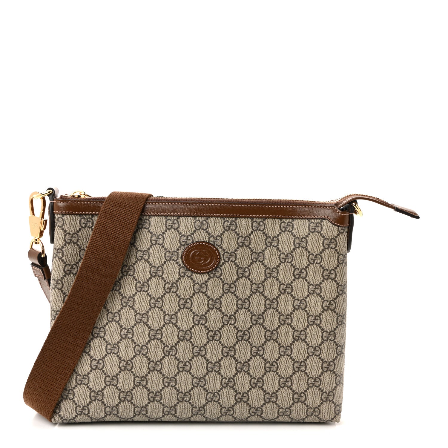 GG Supreme Monogram Azalea Calfskin Retro Interlocking G Wristlet Messenger Bag Beige Ebony Brown Sugar