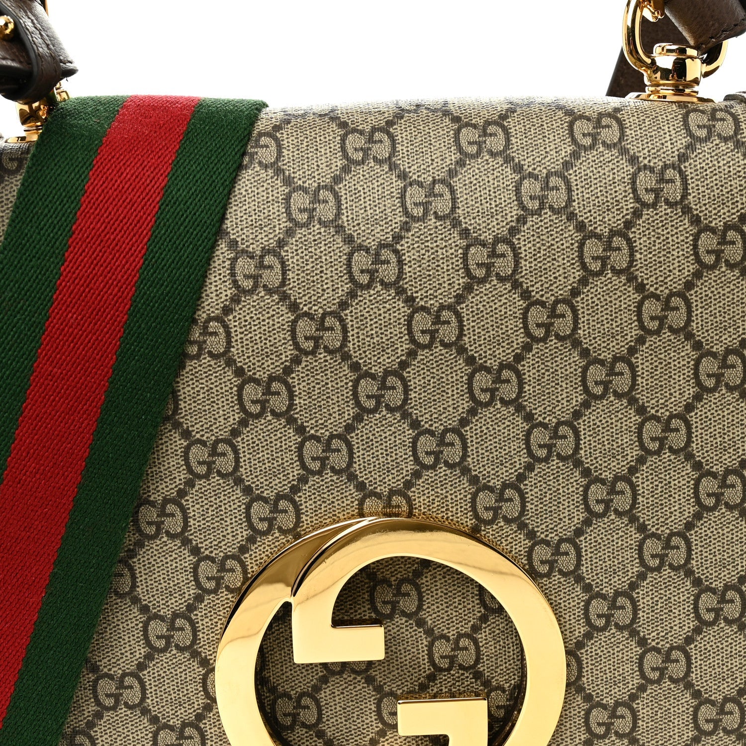GG Supreme Monogram Textured Dollar Calfskin Web Medium Blondie Top Handle Shoulder Flap Bag Beige Ebony New Acero