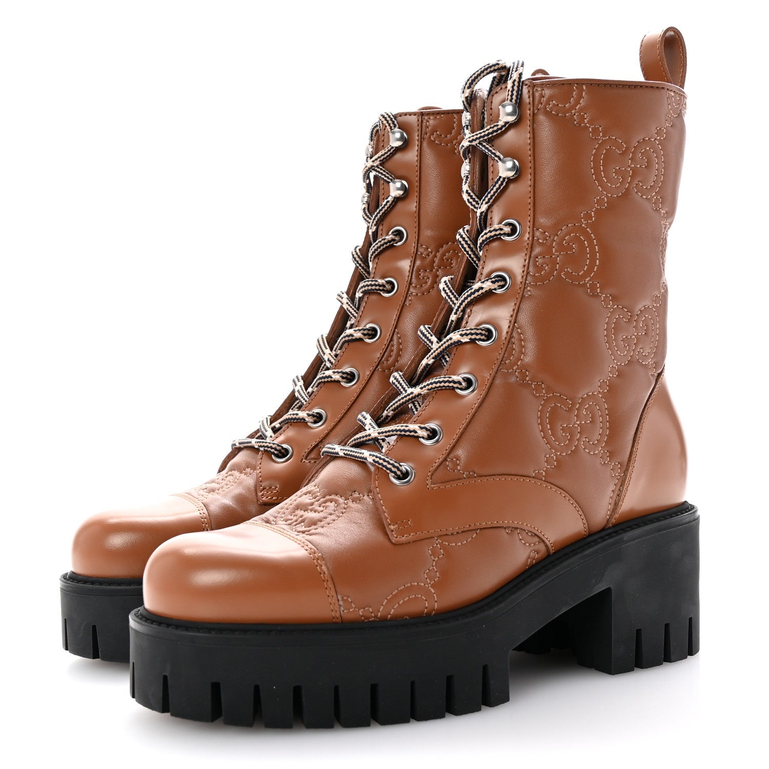 Cordovan Lux Nappa GG Matelasse Lace Up 60mm Combat Boots 36 Dark Hazel Brown