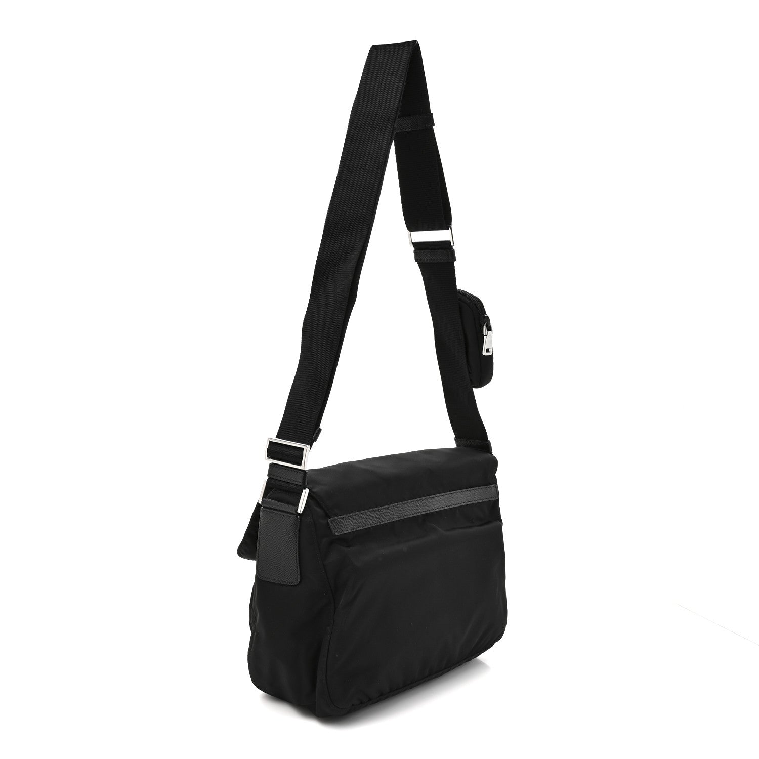 Re-Nylon Vela Saffiano Pocket Double Buckle Messenger Shoulder Bag Black