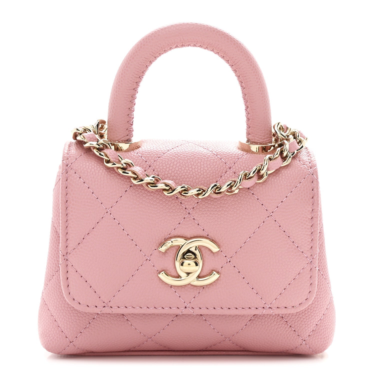 Caviar Quilted Nano Coco Handle Clutch With Chain Pink