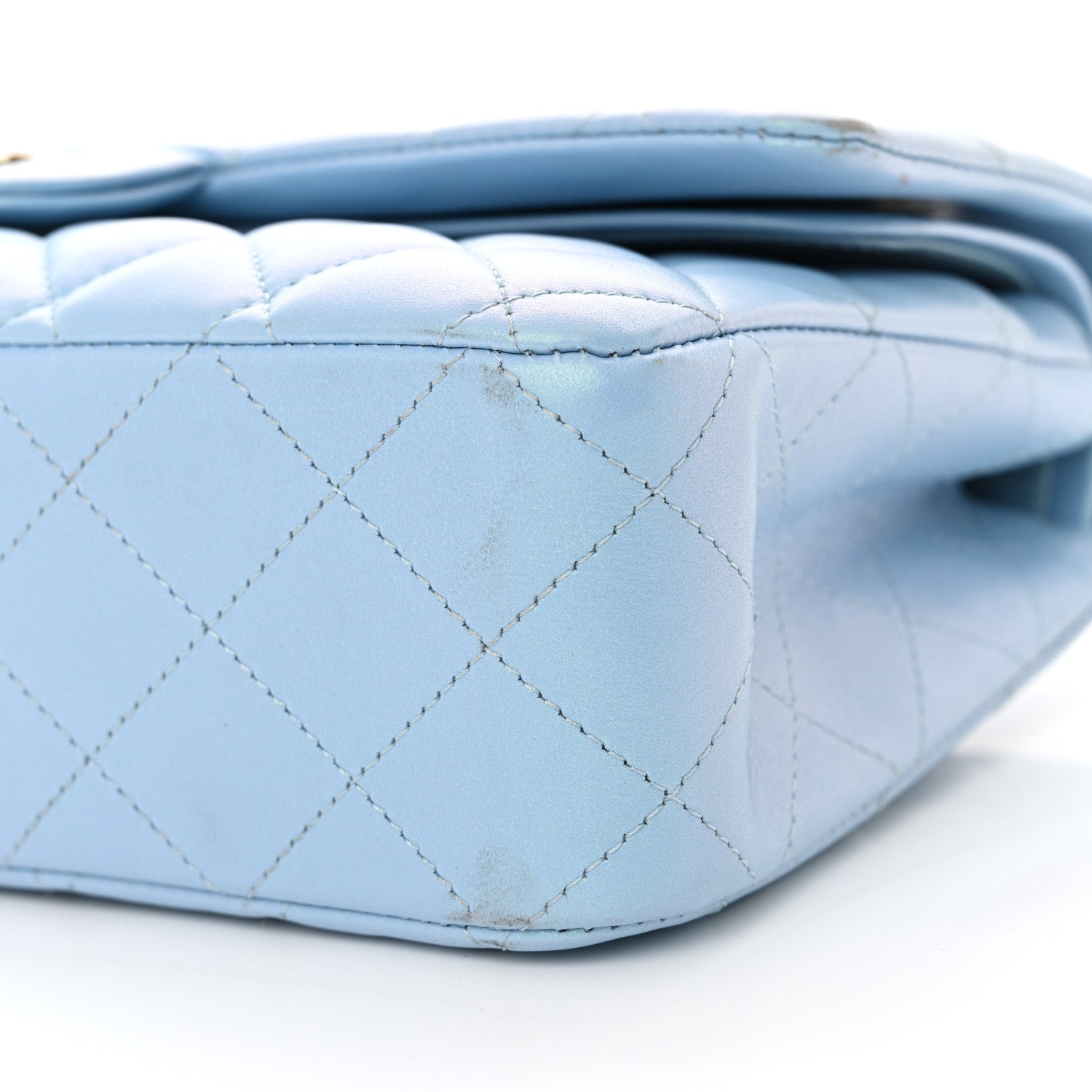 Iridescent Lambskin Quilted Medium Double Flap Light Blue