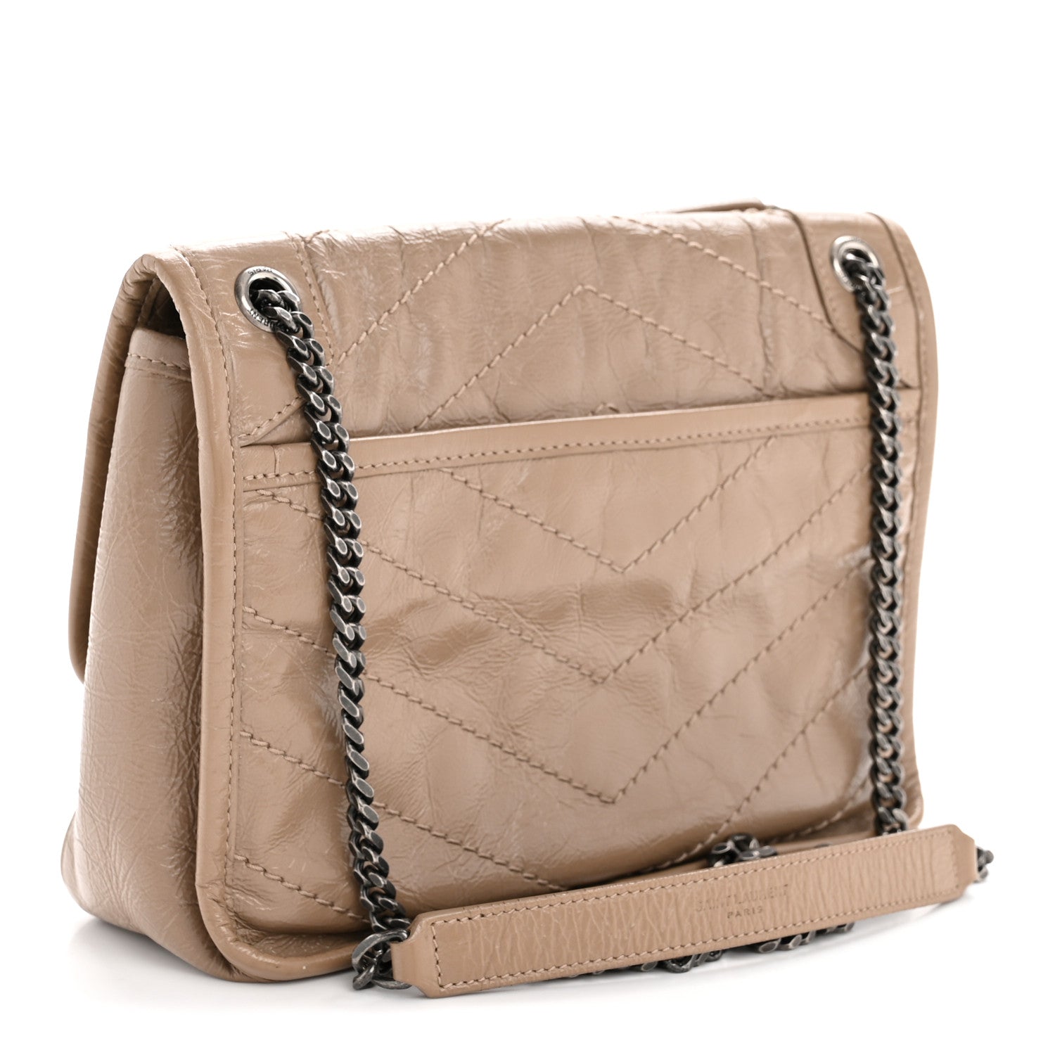 Crinkled Calfskin Matelasse Monogram Baby Niki Chain Satchel Light Taupe