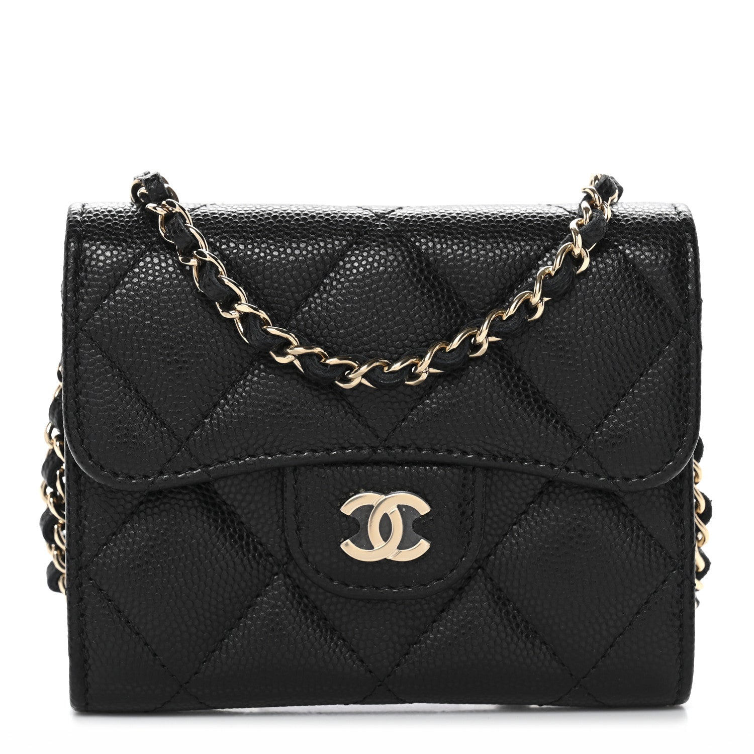 Caviar Quilted Flap Card Holder On Chain Black