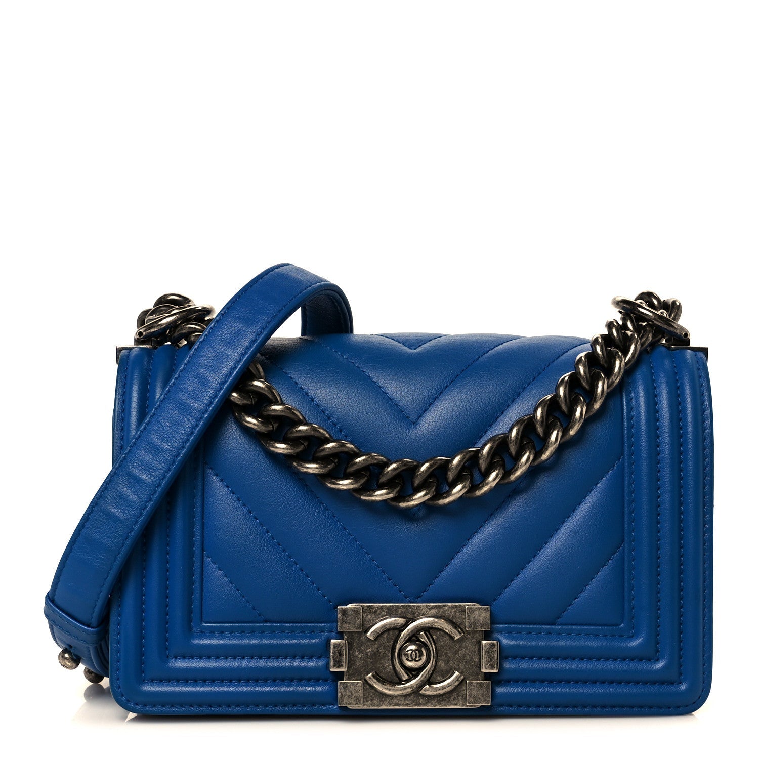 Lambskin Chevron Quilted Small Boy Flap Blue