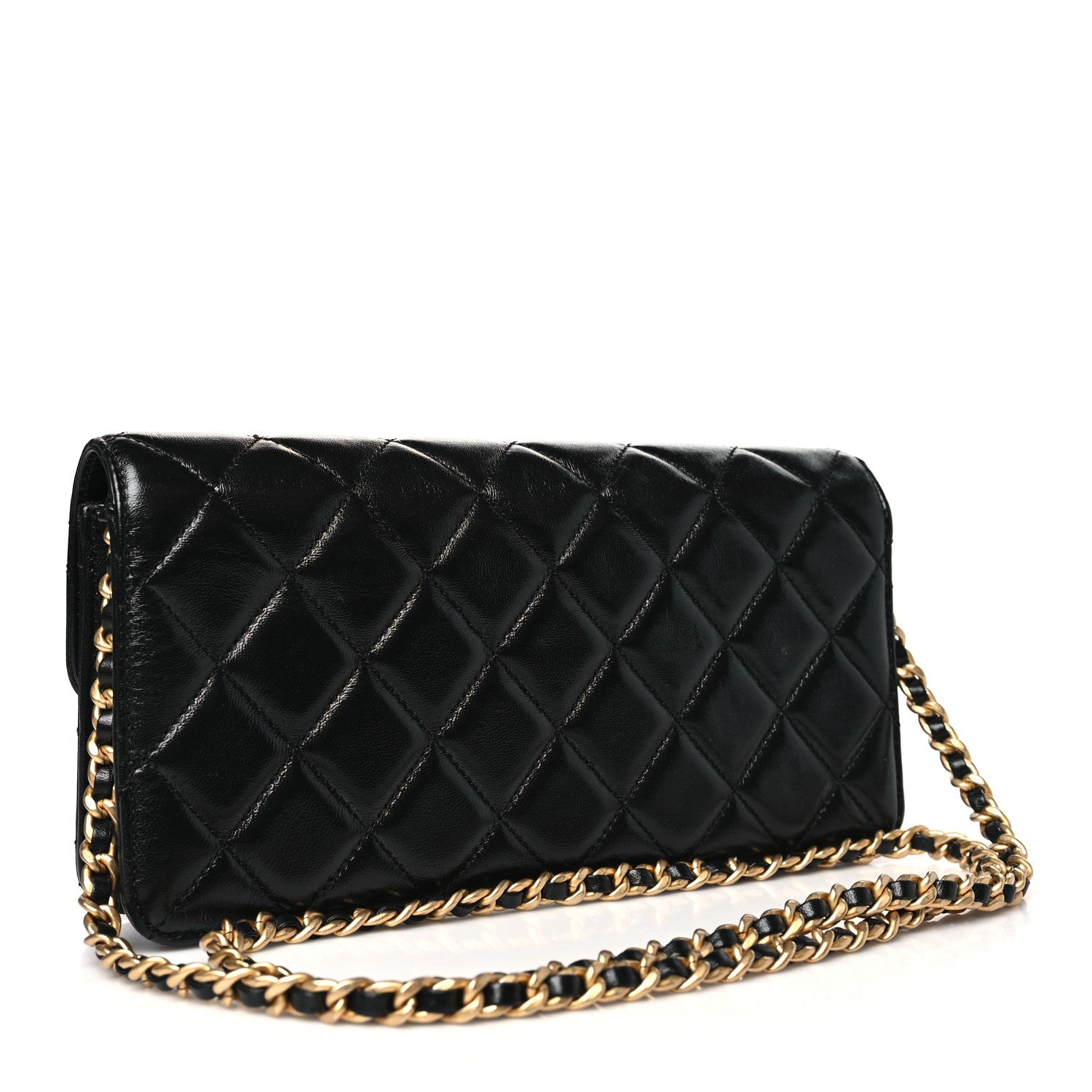 Shiny Lambskin Quilted Flap Clutch Bag Black