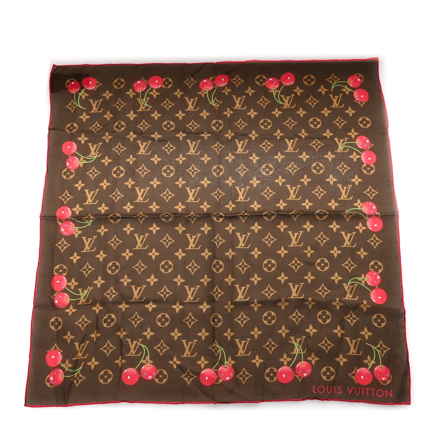 LV X TM Silk Cotton Monogram Cerises Square Scarf 55 Brown
