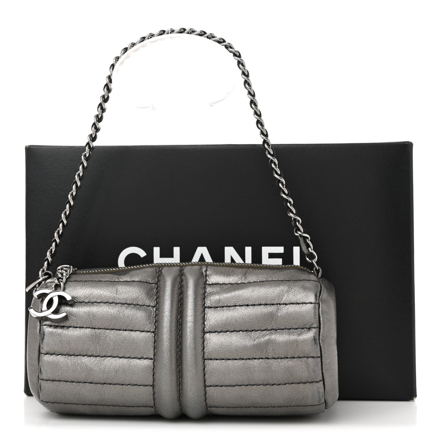 Metallic Lambskin Horizontal Quilt Pochette Dark Grey