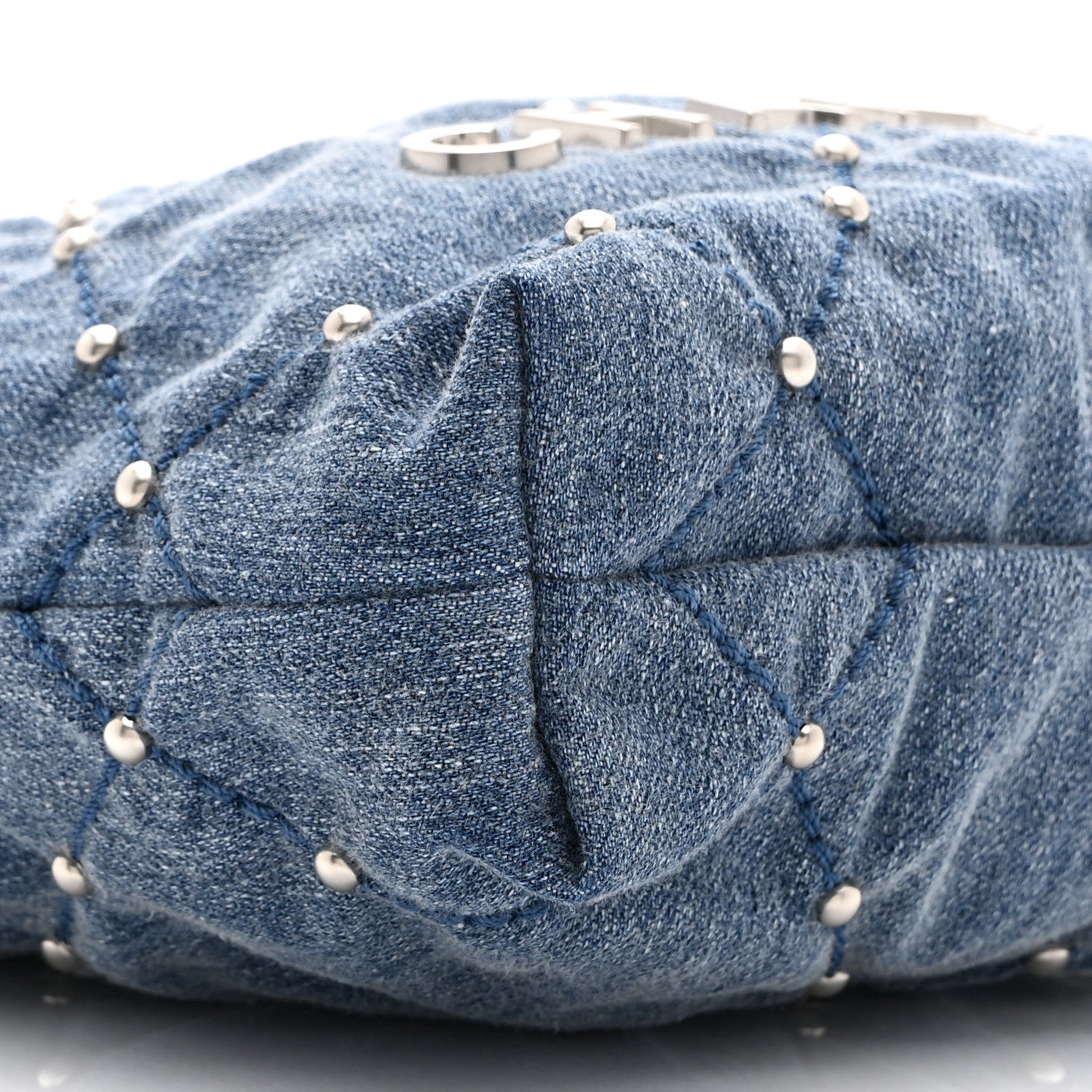 Washed Denim Quilted Studded Mini Chanel 22 Blue