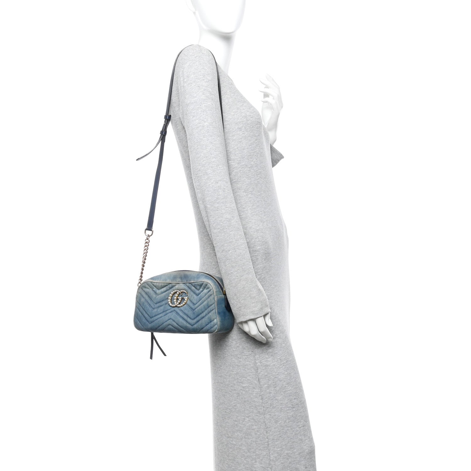 Denim Matelasse Small Pearly GG Marmont Chain Shoulder Bag Blue