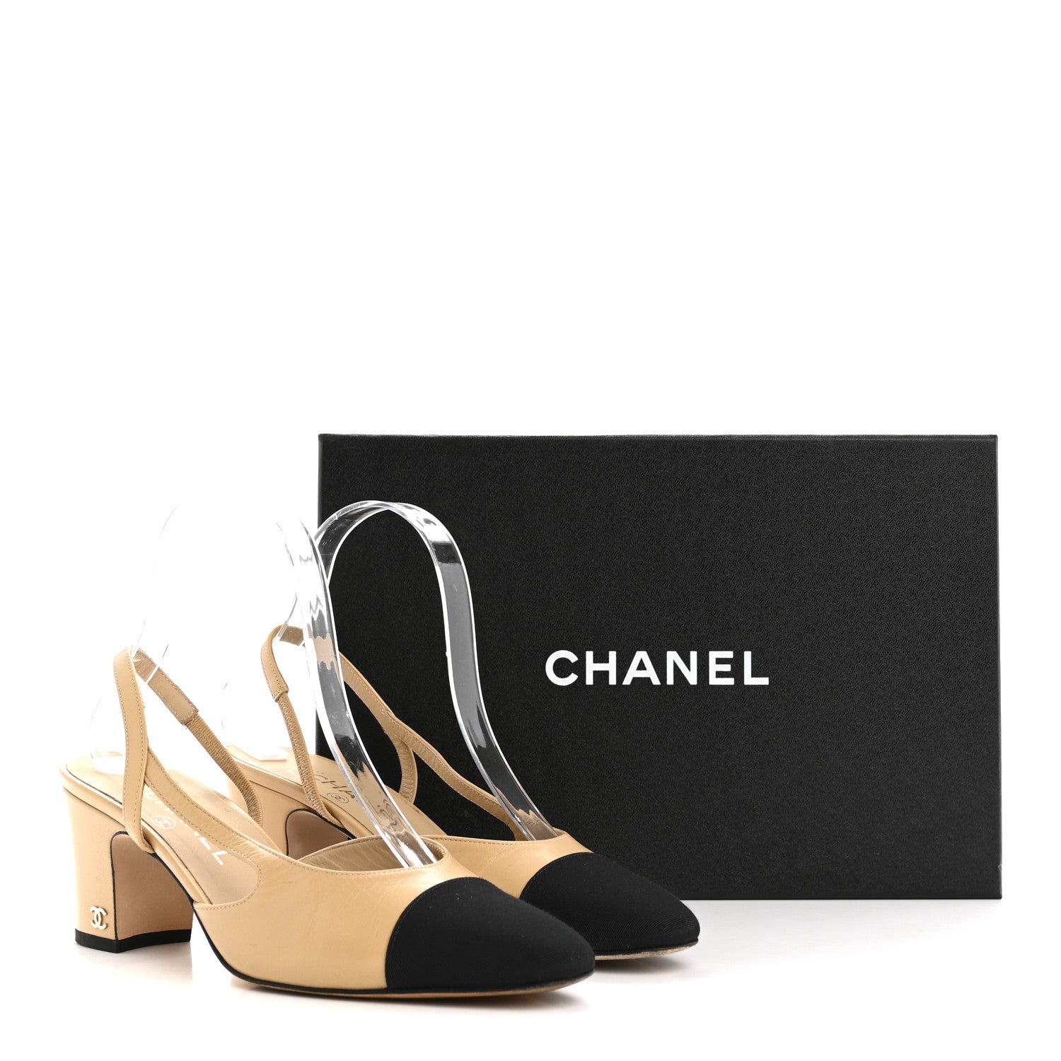 Goatskin Grosgrain Cap Toe CC Slingback Pumps 37.5 Beige Black