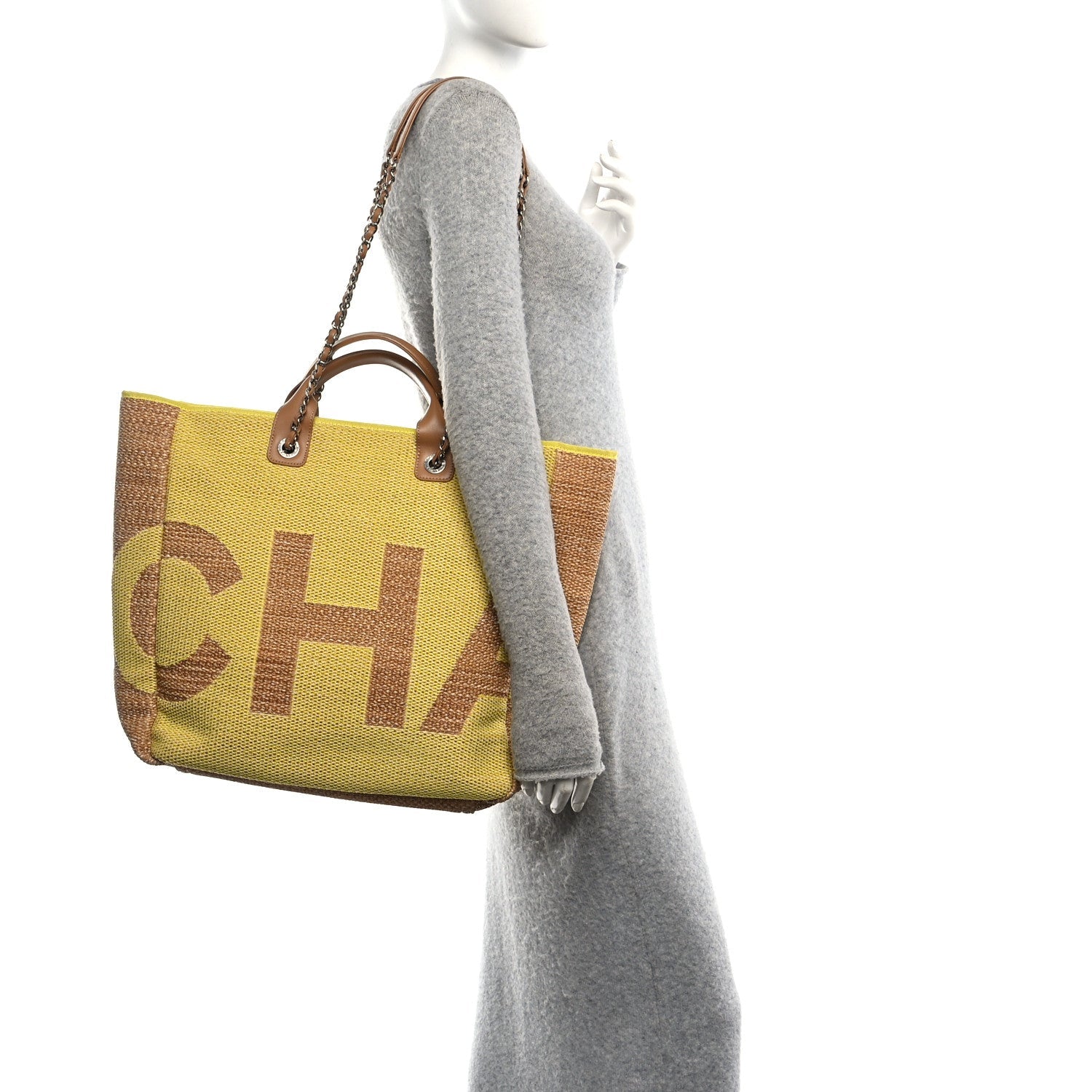 Mixed Fibers Large Shopping Bag Yellow Brown