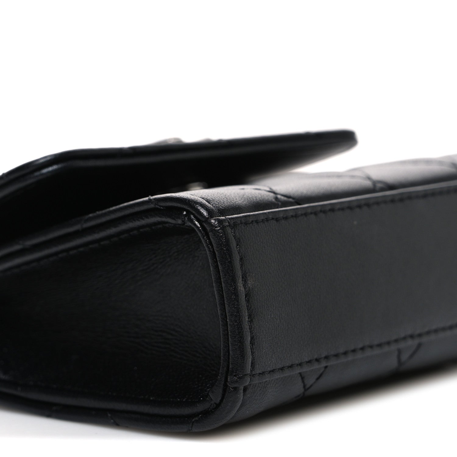 Lambskin Quilted Mini Metal Top Handle Flap Clutch With Chain  Black