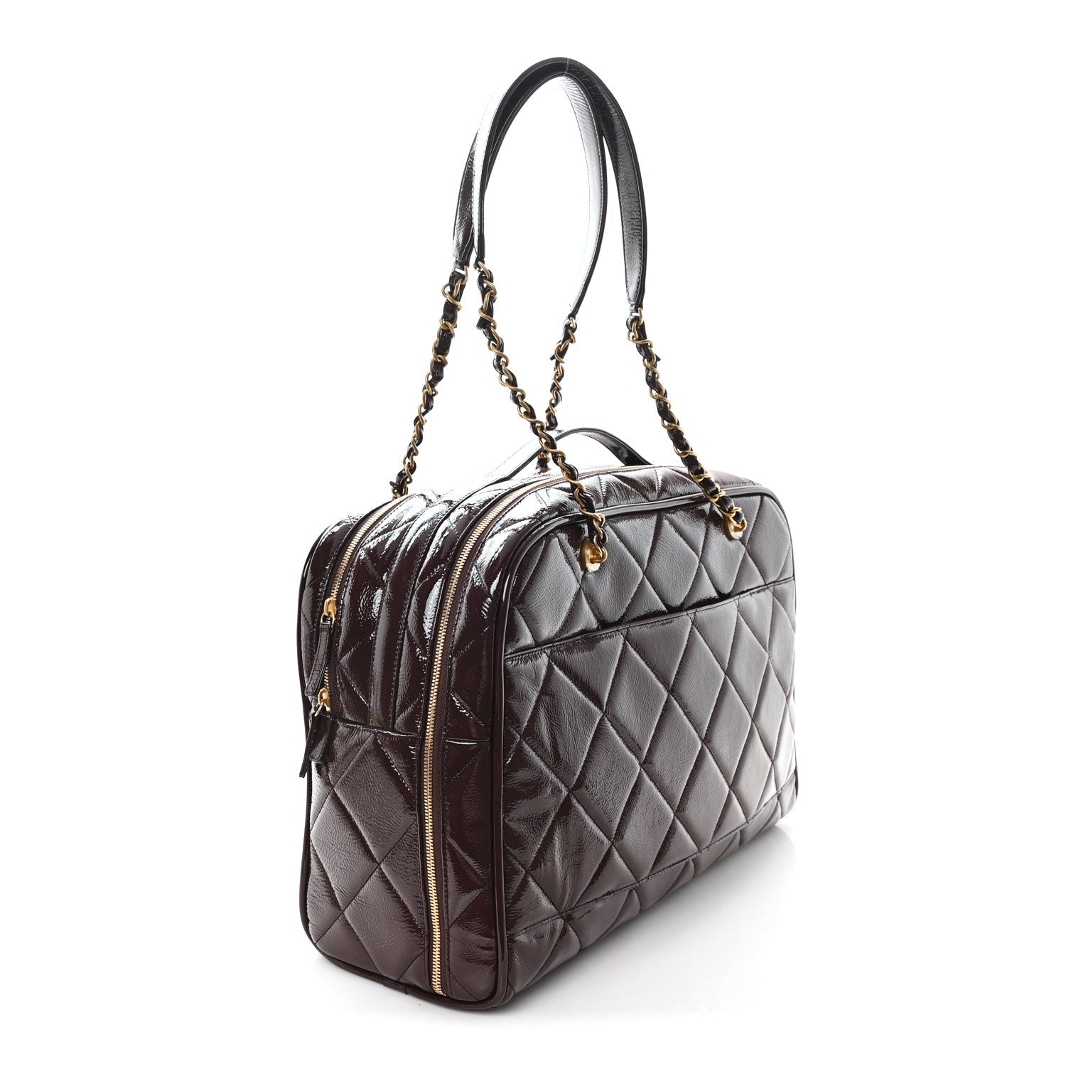 Patent Crumpled Calfskin Quilted Travel Bowling Bag Dark Brown