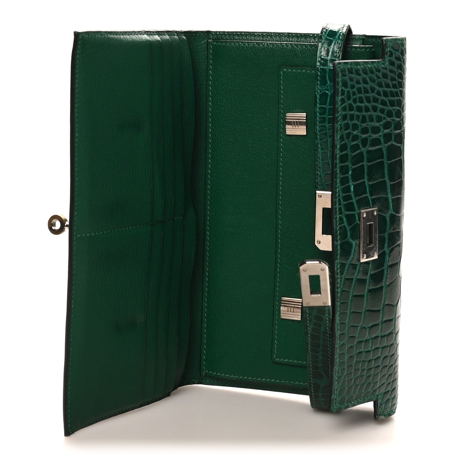Shiny Alligator Kelly Tri-Fold Longue Wallet Vert Emeraude