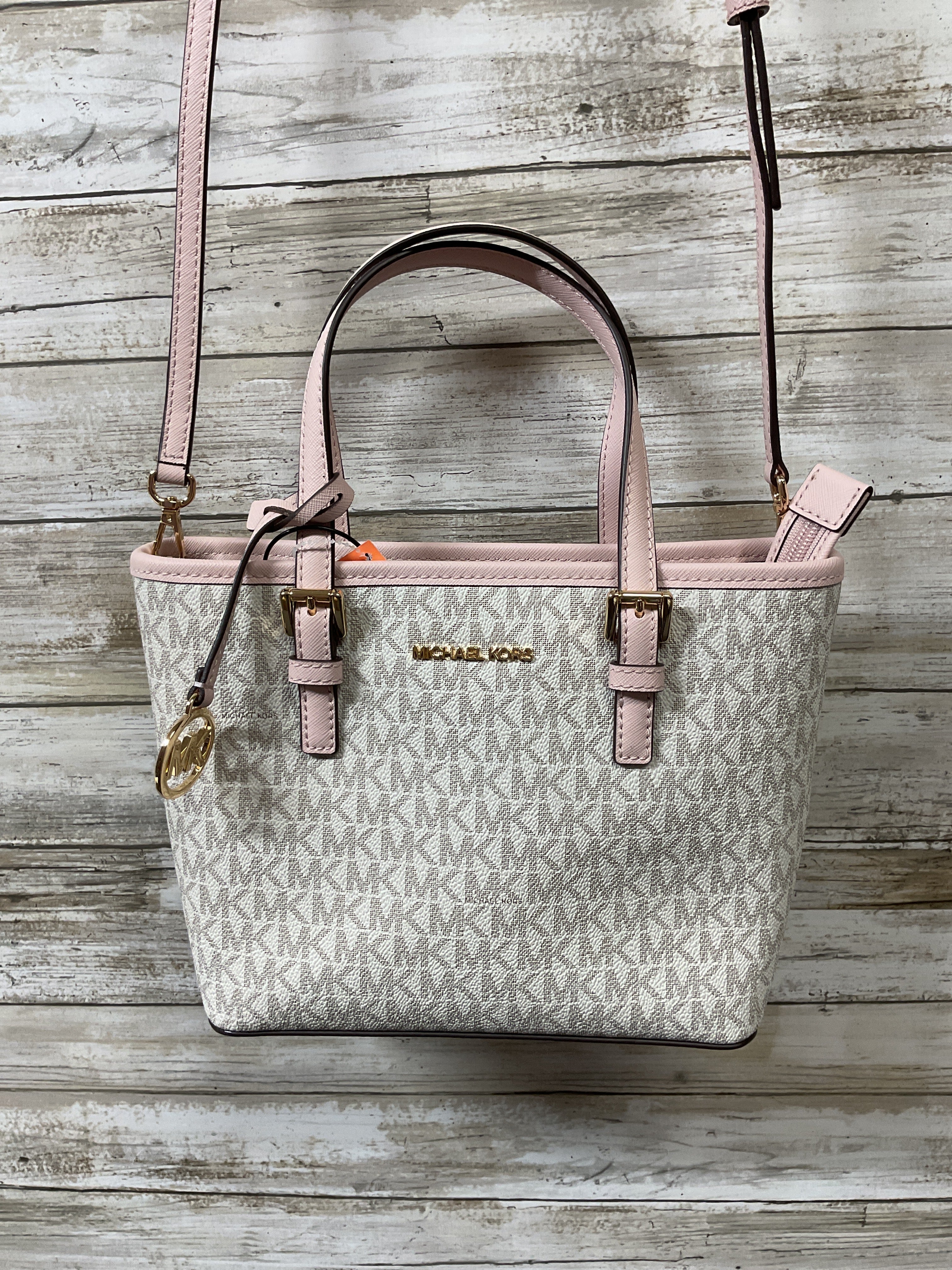 Handbag Designer By Michael Kors In Cream & Pink, Size:Medium